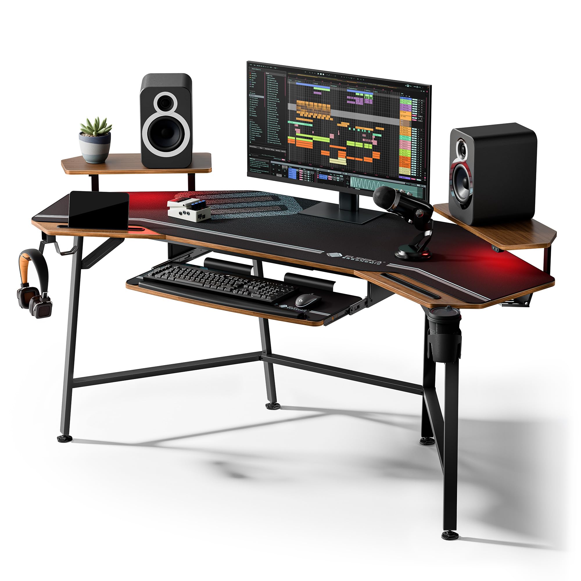 EUREKA ERGONOMIC 72" Gaming Desk W Keyboard Tray, Wing-Shaped Music Studio Desk, Large Computer Table W LED Convertible Monitor Stand Dual Headphone Hanger for Recording Live Streamer, Walnut Wood