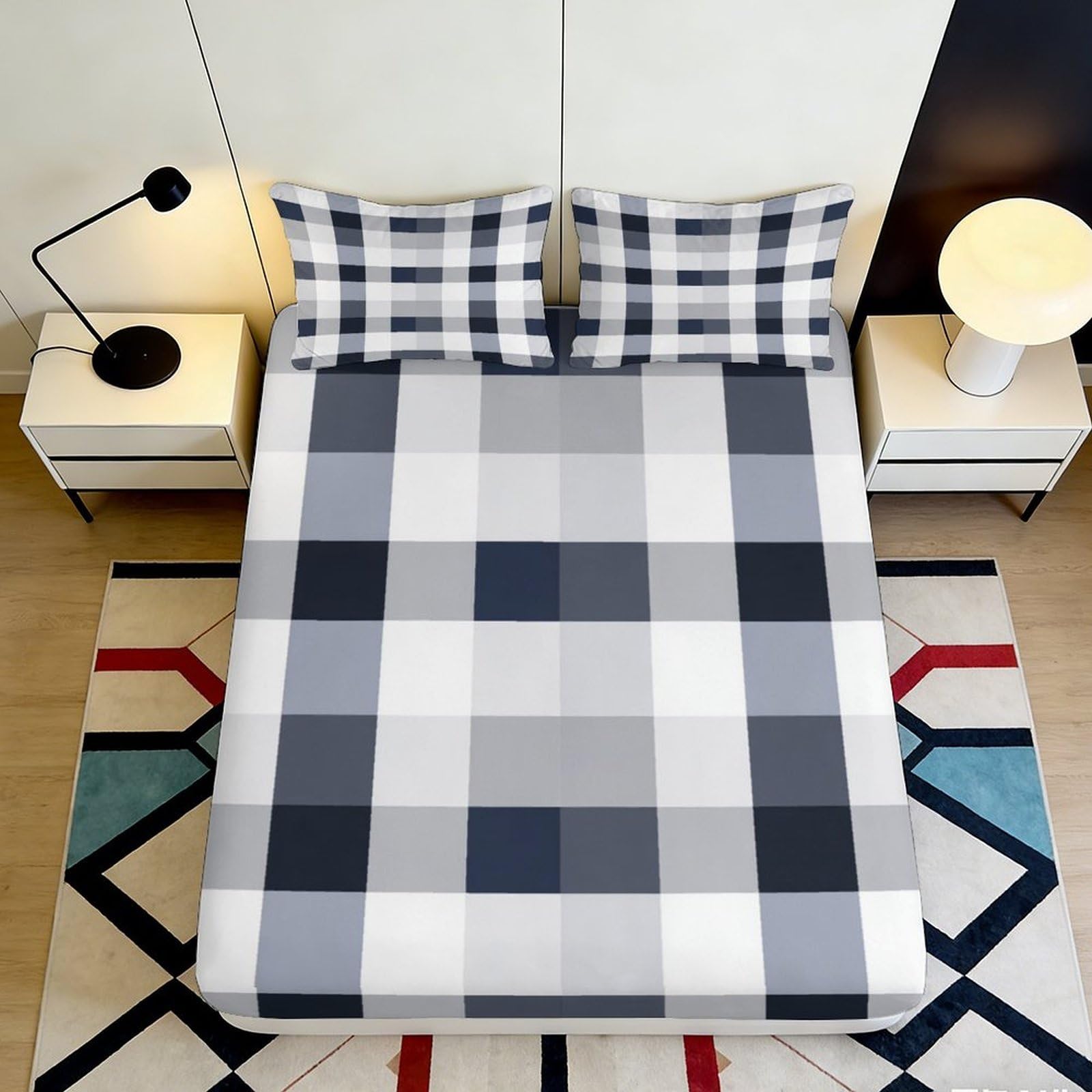 3D Printed Modern Plaid Fitted Sheet Microfiber Soft Breathable Geometric Check Bed Cover for Bedroom Guestroom Mattress Decor 90x200x25cm