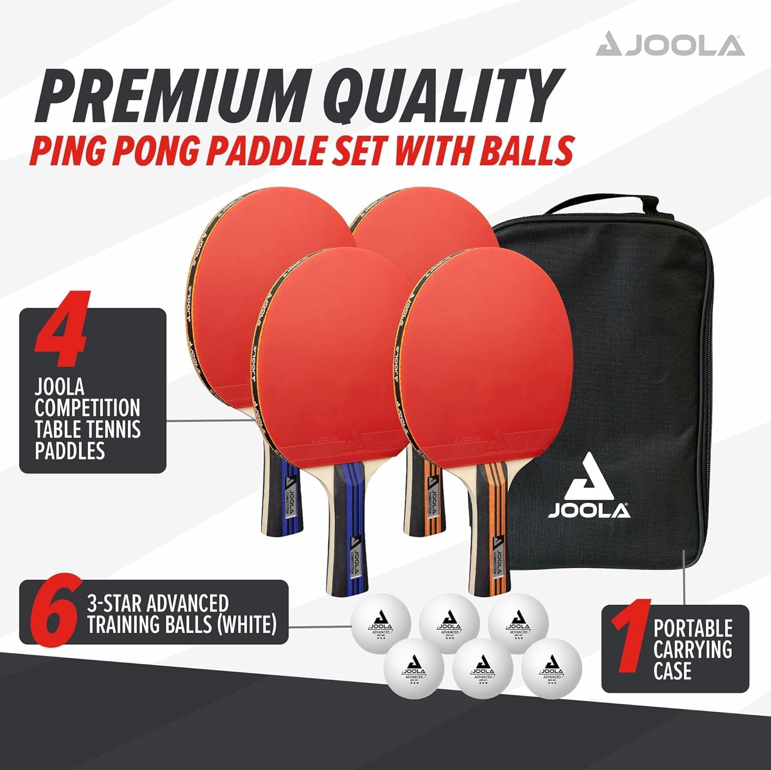 JOOLA Advanced Table Tennis Set Bundle – Includes 4 Premium Ping Pong Paddles, 6 3-Star Balls, and Carrying Case – Perfect for Competitive Play, + Bonus 60-Pack of 40+mm Orange JOOLA Training Balls