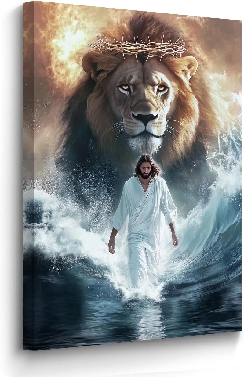 BJYCHG Pictures of Jesus Christ Framed God Lion King Walking on Water Canvas Prints Jesus Christian Painting Religious Artwork Church Office Decor (36L x 24W)