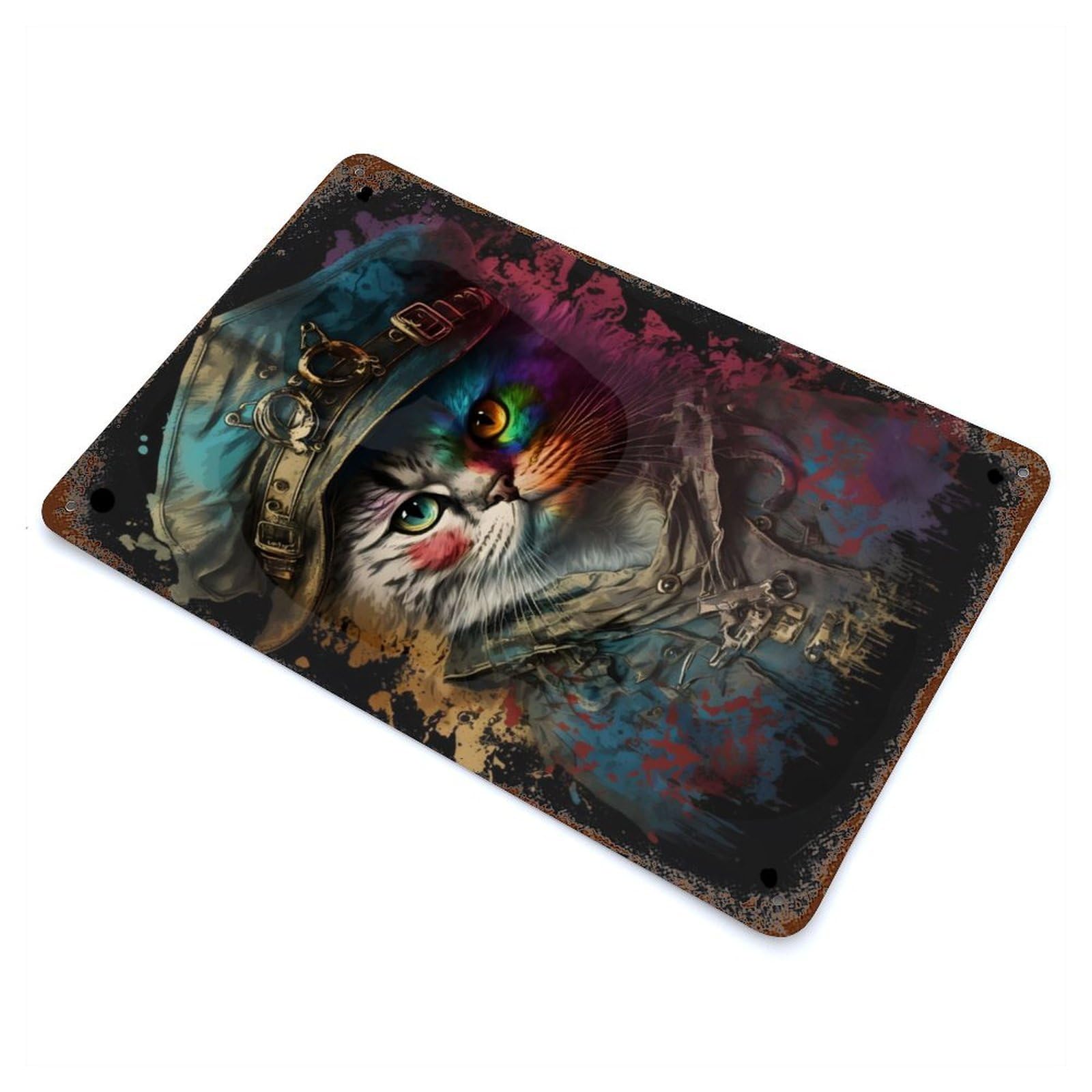 Vintage Metal Tin Sign Pirate Cat Painting 11.8"x7.9", Industrial Home Decor for Farmhouse, Kitchen And Entryway Decor