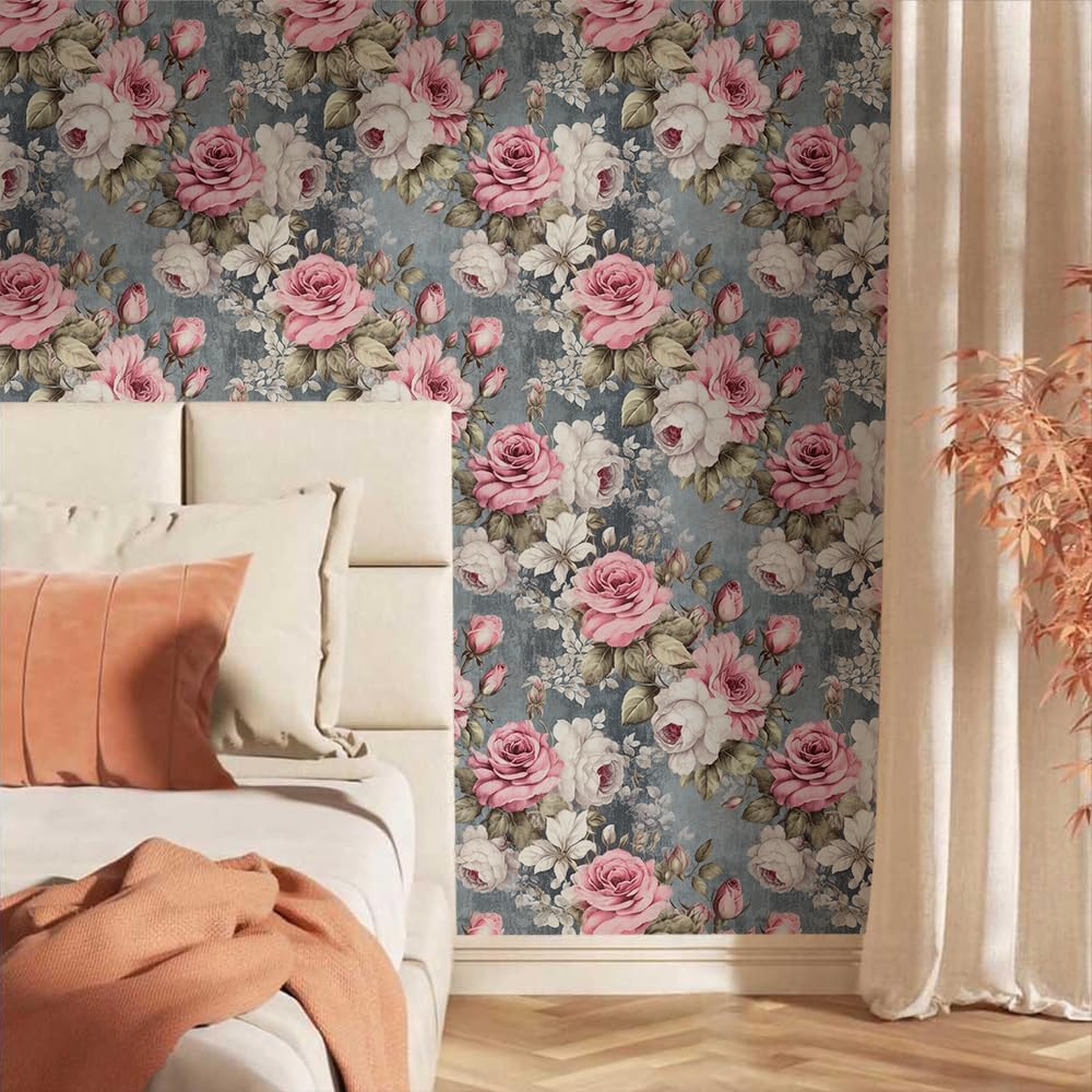 18"x236" Vintage Pink White Roses Flower Peel and Stick Self Adhesive Wallpaper Removable Contact Paper Stick on Easy Peel Off Wall Paper for Kitchen Bedroom Bathroom Renter