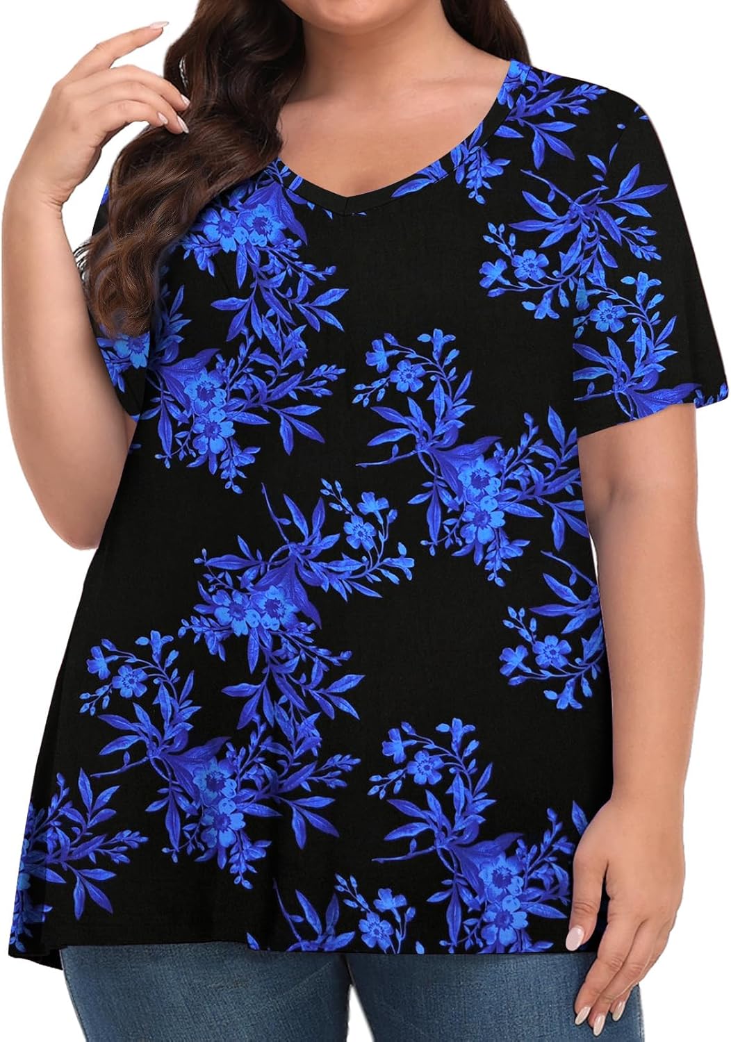 Tencede Womens Plus Size Tops Short Sleeve Tunic Shirts V Neck Summer Floral Loose Fit Blouse XL-5X - Image 2