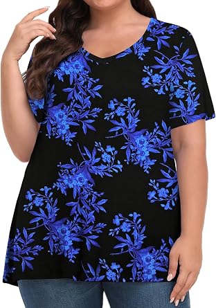 Tencede Womens Plus Size Tops Short Sleeve Tunic Shirts V Neck Summer Floral Loose Fit Blouse XL-5X