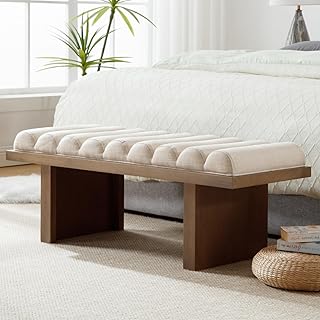 Modern Bedroom End of Bed Bench, 47 Inches Linen Fabric Wooden Entryway ...