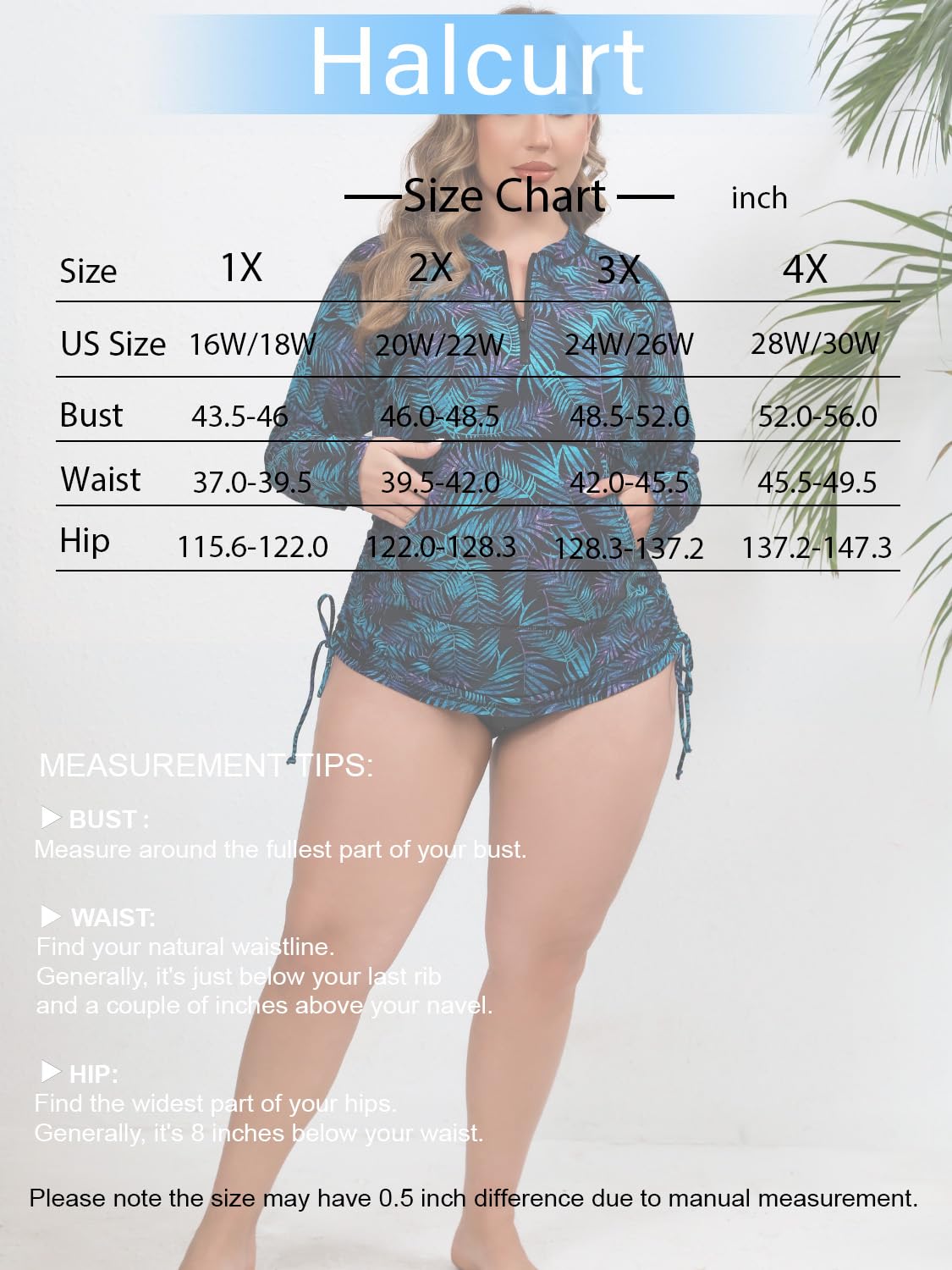 Halcurt Rashguard für Damen, Übergröße, LSF 50+, Reißverschluss, Kordelzug, gerüschte Taschen