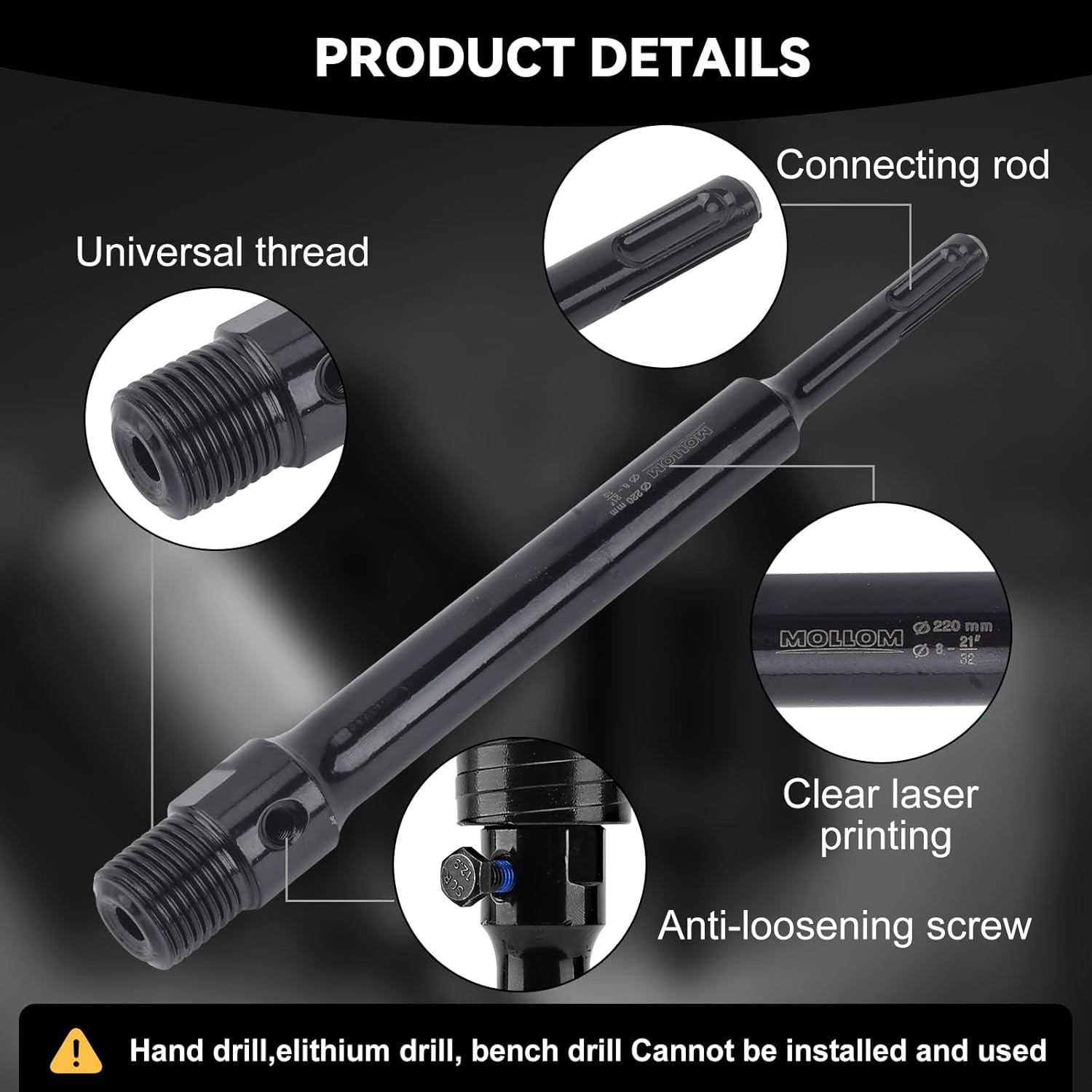 Mollom (115mm | 4-1/2") Concrete Hole Saw 220mm SDS Plus Shank Connecting Rod, Heavy Duty Hole Cutter with 110mm Center Position Drill Bit for Stone,Brick,Wall,Masonry