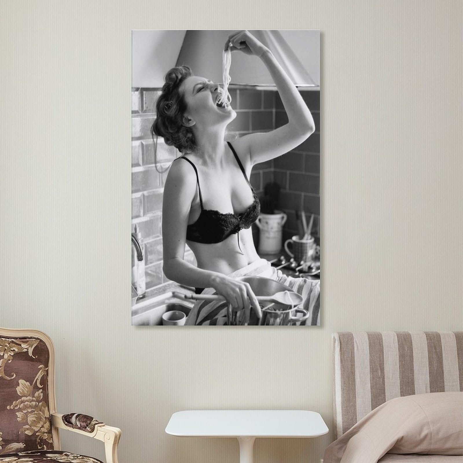 LZTEN Spaghetti Girl Print, Spaghetti Woman Poster, Pasta Time Print, Pasta Moment Poster Scandi Prints, Barilla, Black And White Wall Art Black And White R