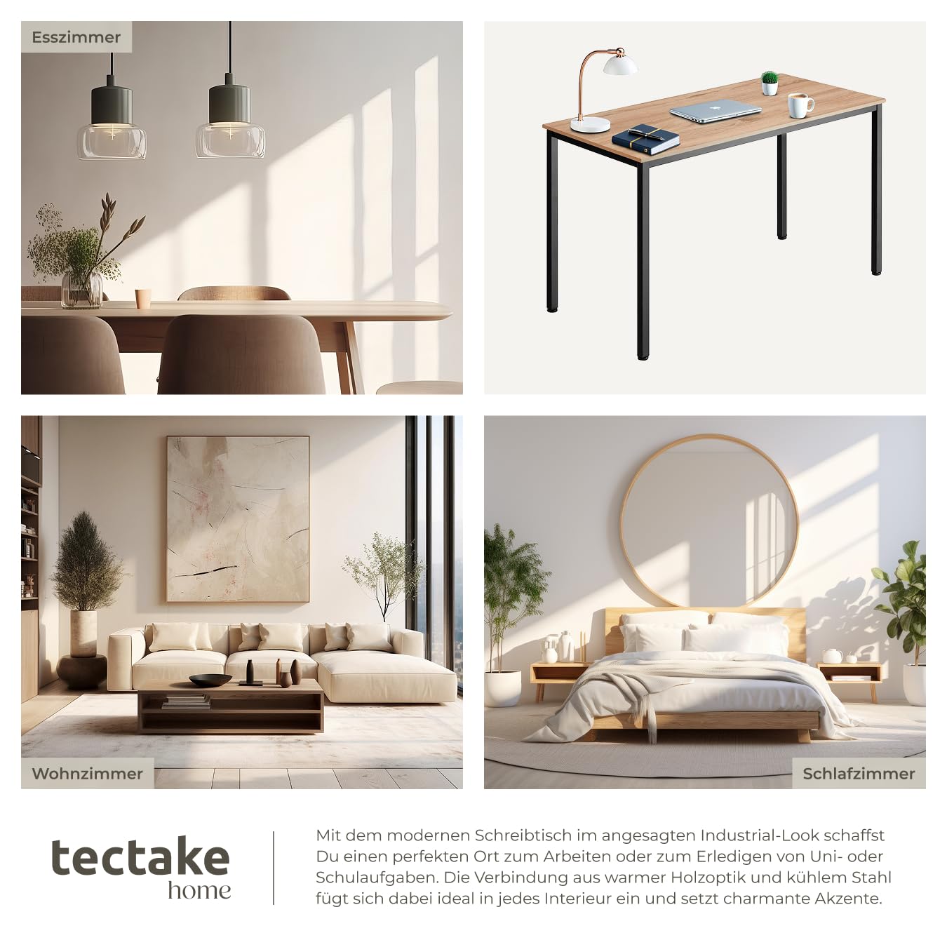 tectake® Industrial Schreibtisch, Tisch 120 x 60 x 75,5cm, Esstisch, Bürotisch, Computertisch, PC Tisch, Wohnzimmertisch, Gaming Desk, Möbel für Arbeitszimmer - Industrial Holz Hell, Eiche Sonoma
