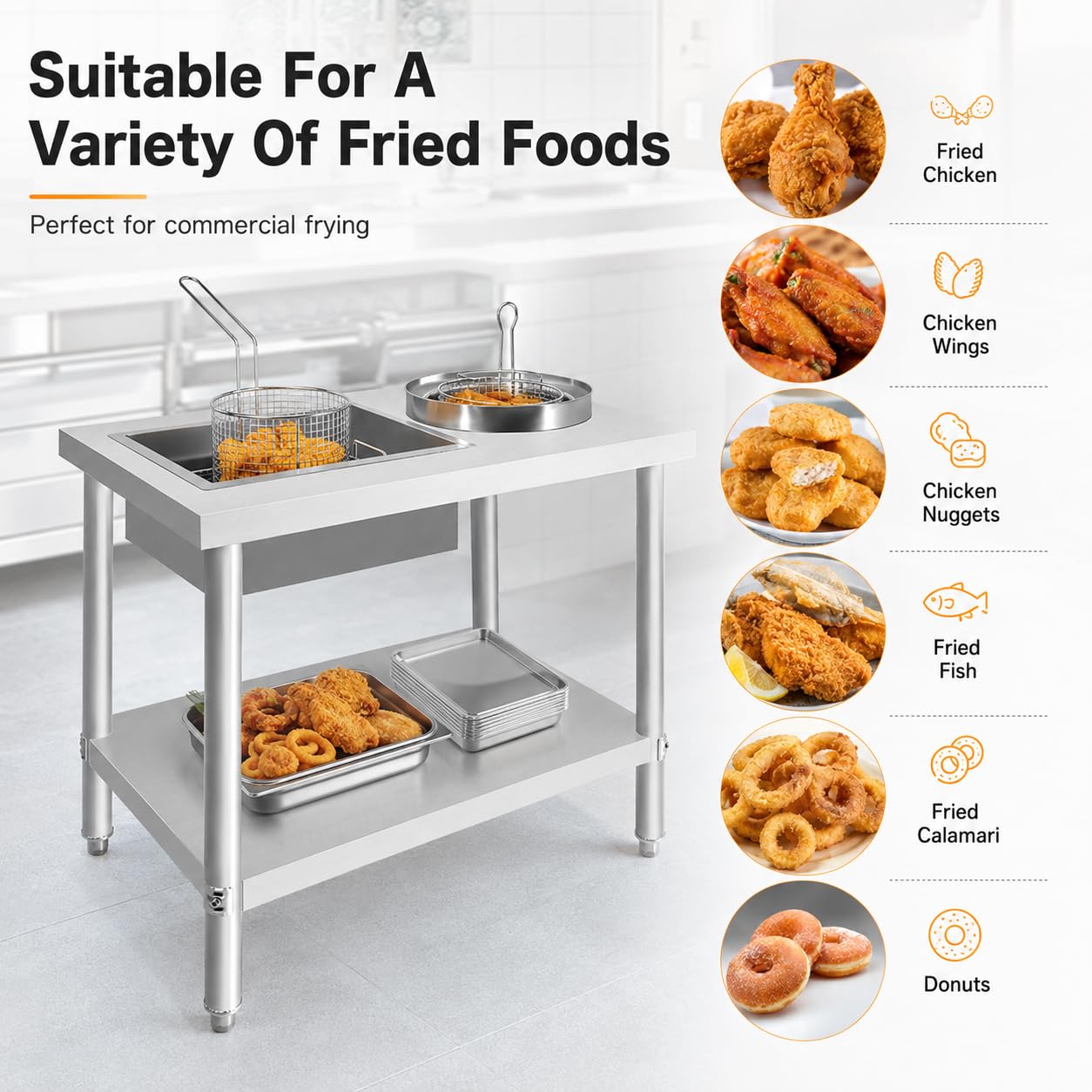 Station de cuisson commerciale en acier inoxydable – Table de préparation de poulet frit | Plan de travail de cuisine robuste | Équipement de restaurant facile à nettoyer