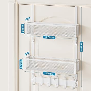 Over The Door Hooks Organizer, Over Door Storage with 12 Coat Hooks and 2 Mesh Basket, Bathroom Door Organizer Towel Rack Back of Door Hanger Organizer for Bedroom, Kitchen(White) | 12 Coat Hooks and 2 Mesh Basket,Space-Saving,Back Storage Organizer,Over The Door Towel Rack,for Bathroom,Bedroom,Kitchen