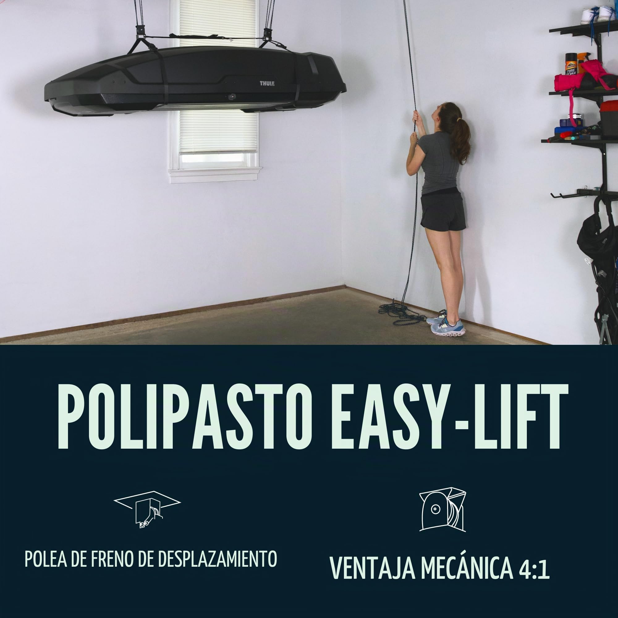 Teal Triangle Elevador de caja de carga resistente Elite, sistema de poleas de garaje de fácil elevación, soporta 68 kg, apto para techos de 2,4 m, correa antideslizante patentada, no requiere montaje