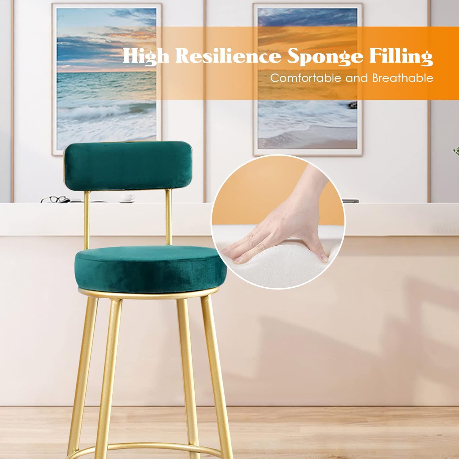 Set of 2 Counter Bar Stools for Kitchen Island, Breakfast Chair with Backrest & Gold Metal Legs, 25.6'' H,Green