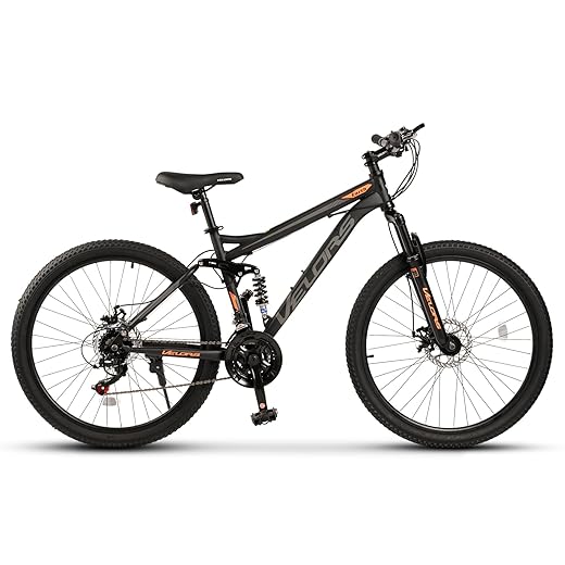 Fully VTT 26" pour adultes et adolescents, dérailleur à 21 vitesses, freins à disque mécaniques, cadre tout suspendu, 85 % pré-monté, noir/gris/orange