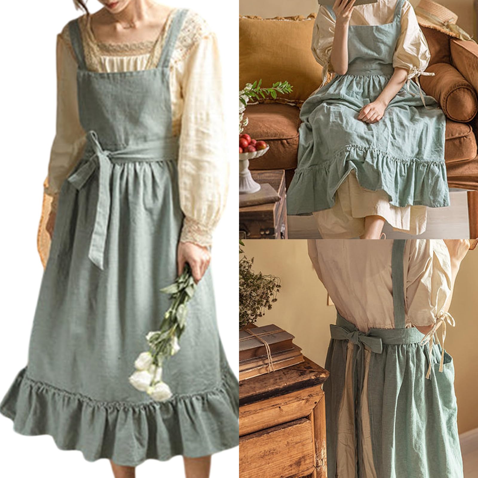 Grembiule in cotone e lino con volant per donne e ragazze, vintage, per cucinare, giardinaggio, lavoro, cameriera, grembiule con tasche, Verde militare, R