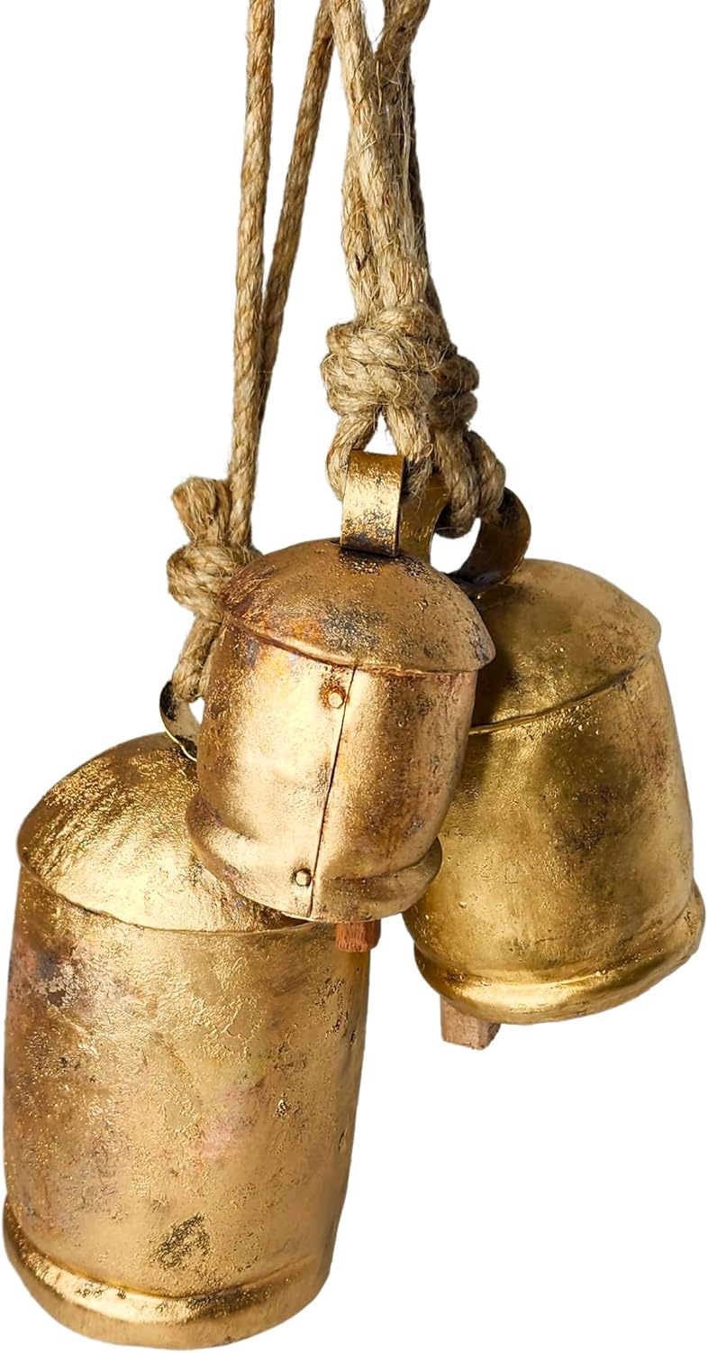 Set of 3 Giant Harmony Cow Bells Huge Vintage Handmade Rustic Lucky Christmas Hanging XL Bells On Rope (Country Rustic, Set of 3, X-Large) (Large)