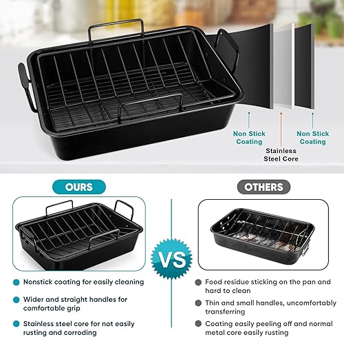 Miniatura 5 de TeamFar Sartén para asar, sartén antiadherente de 15 pulgadas para brownie para lasaña profunda con estante en forma de V y estante de enfriamiento,