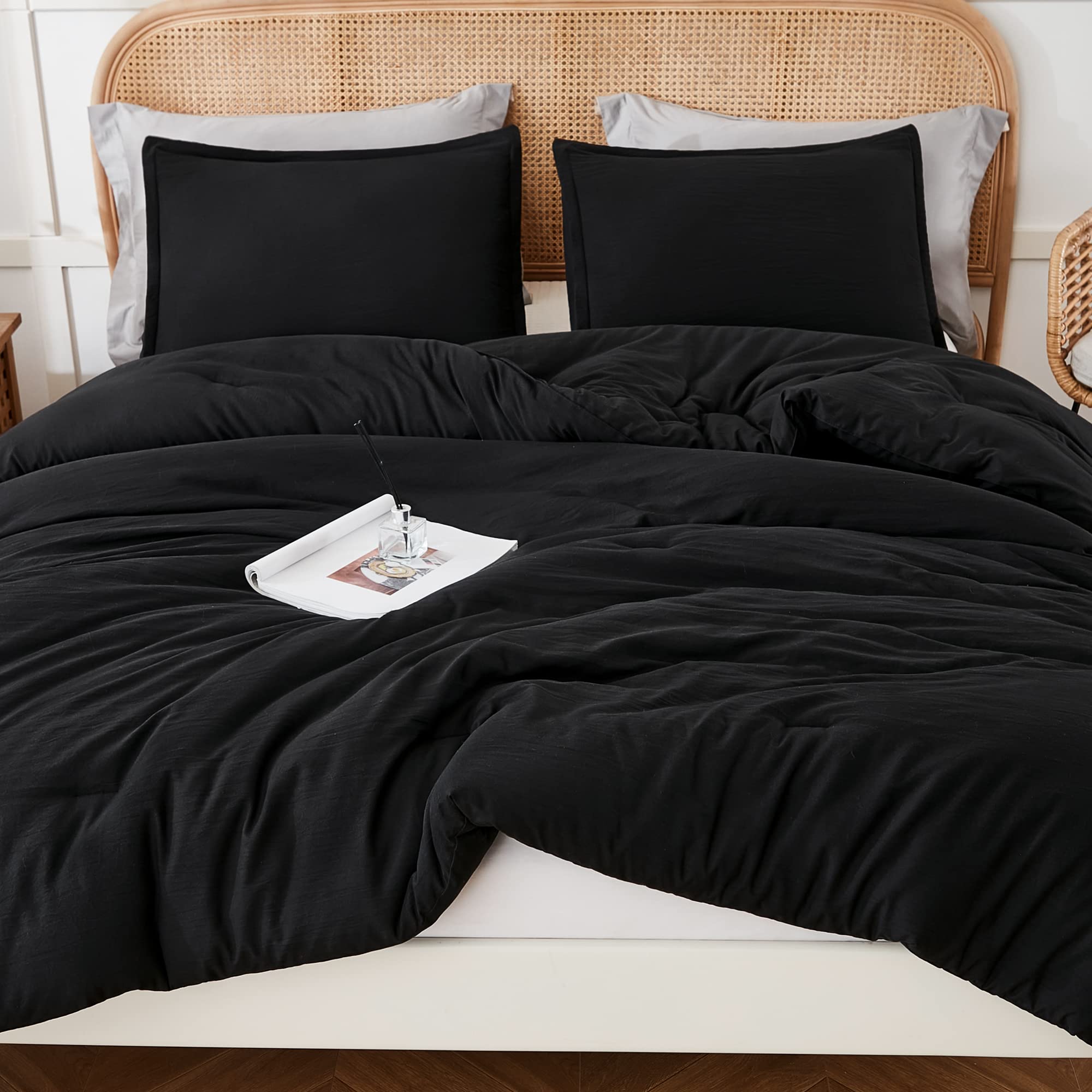 Litanika Black Comforter Full Size, 3 Pieces Boho Lightweight Solid Bedding Set & Collections, All Season Fluffy Bed Set (79x90In Comforter & 2 Pillowcases)