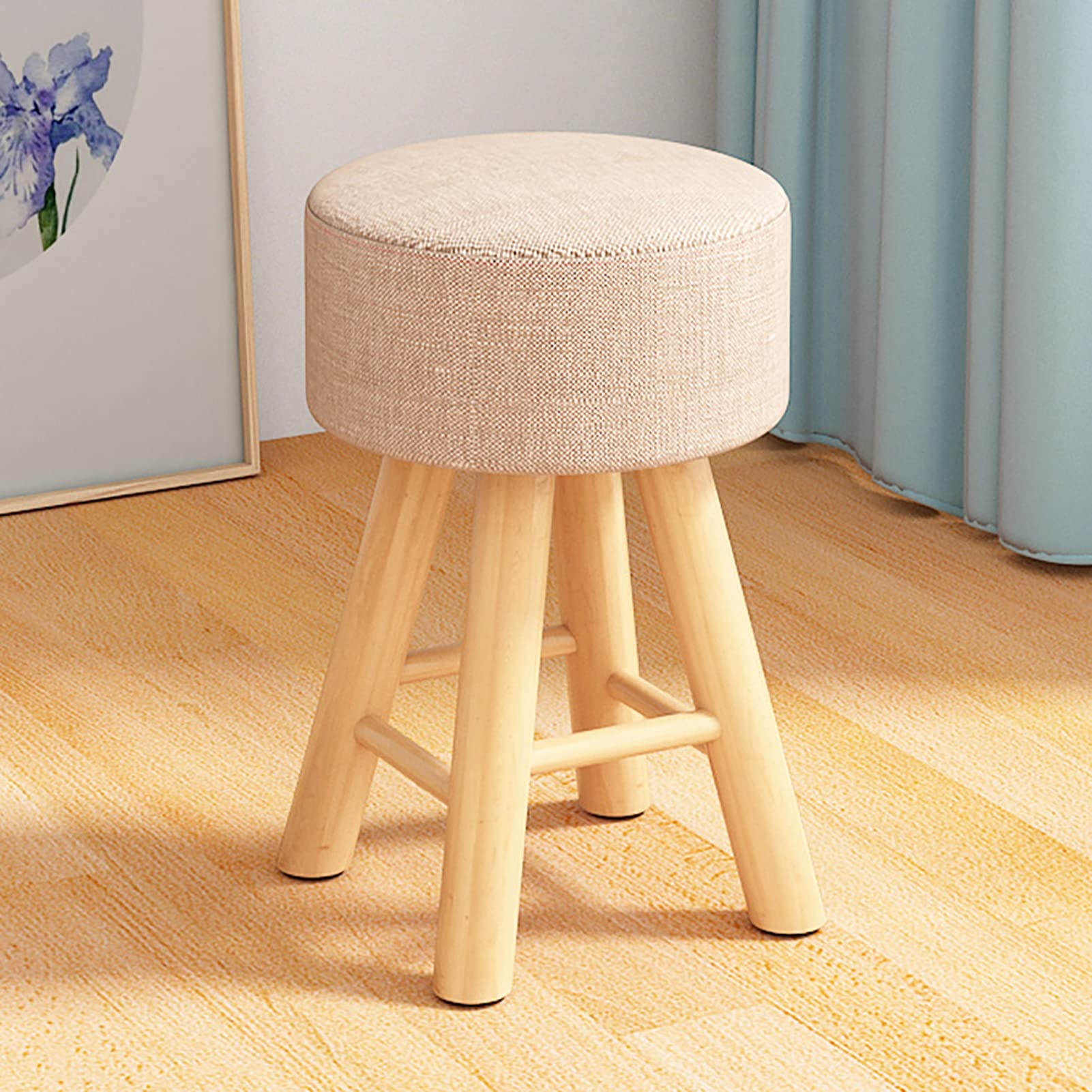 Tabouret repose-pieds rond rembourré beige petit pouf lin et table basse d'appoint