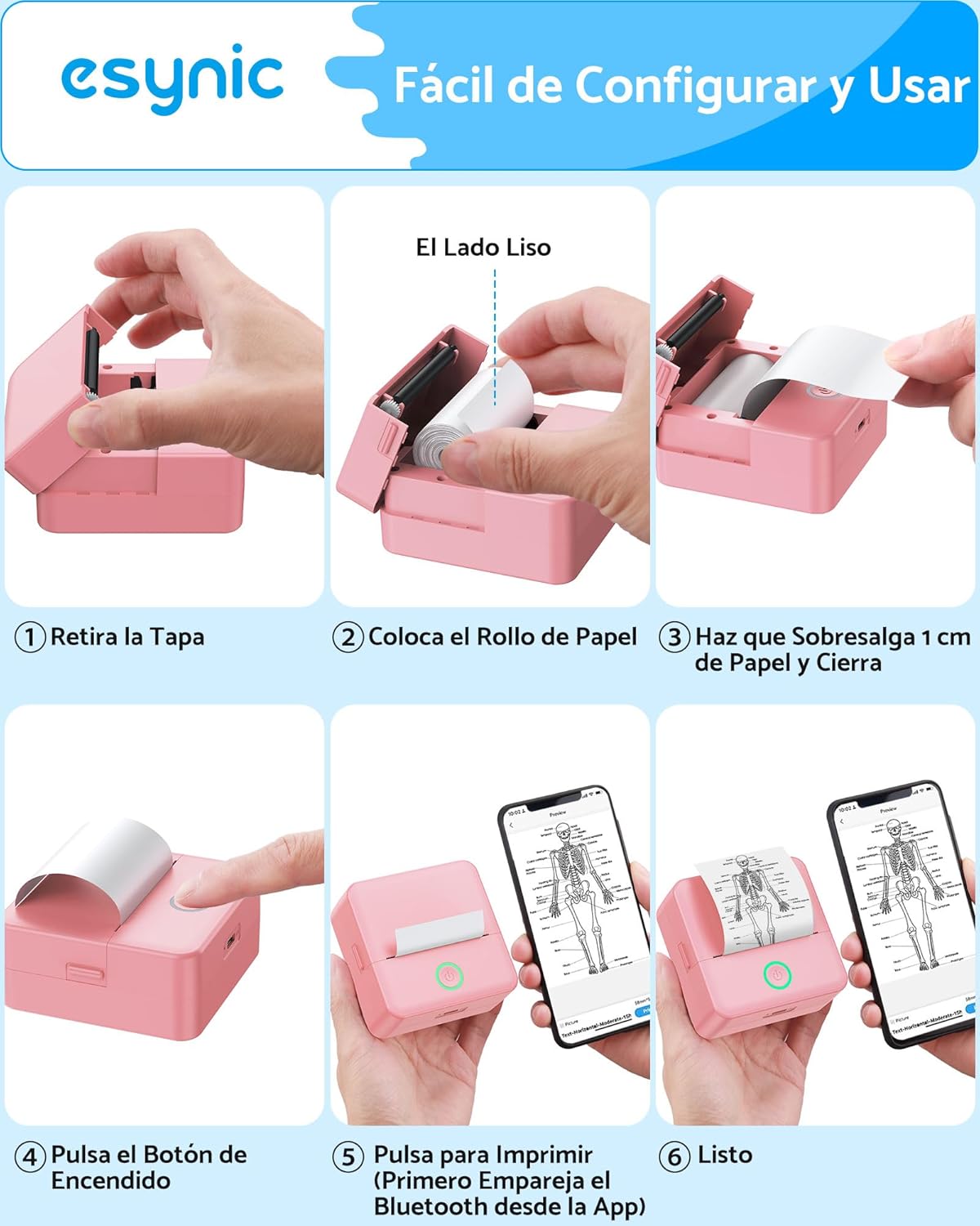 Step-by-step guide on how to load thermal paper into the eSynic Mini Portable Thermal Printer.