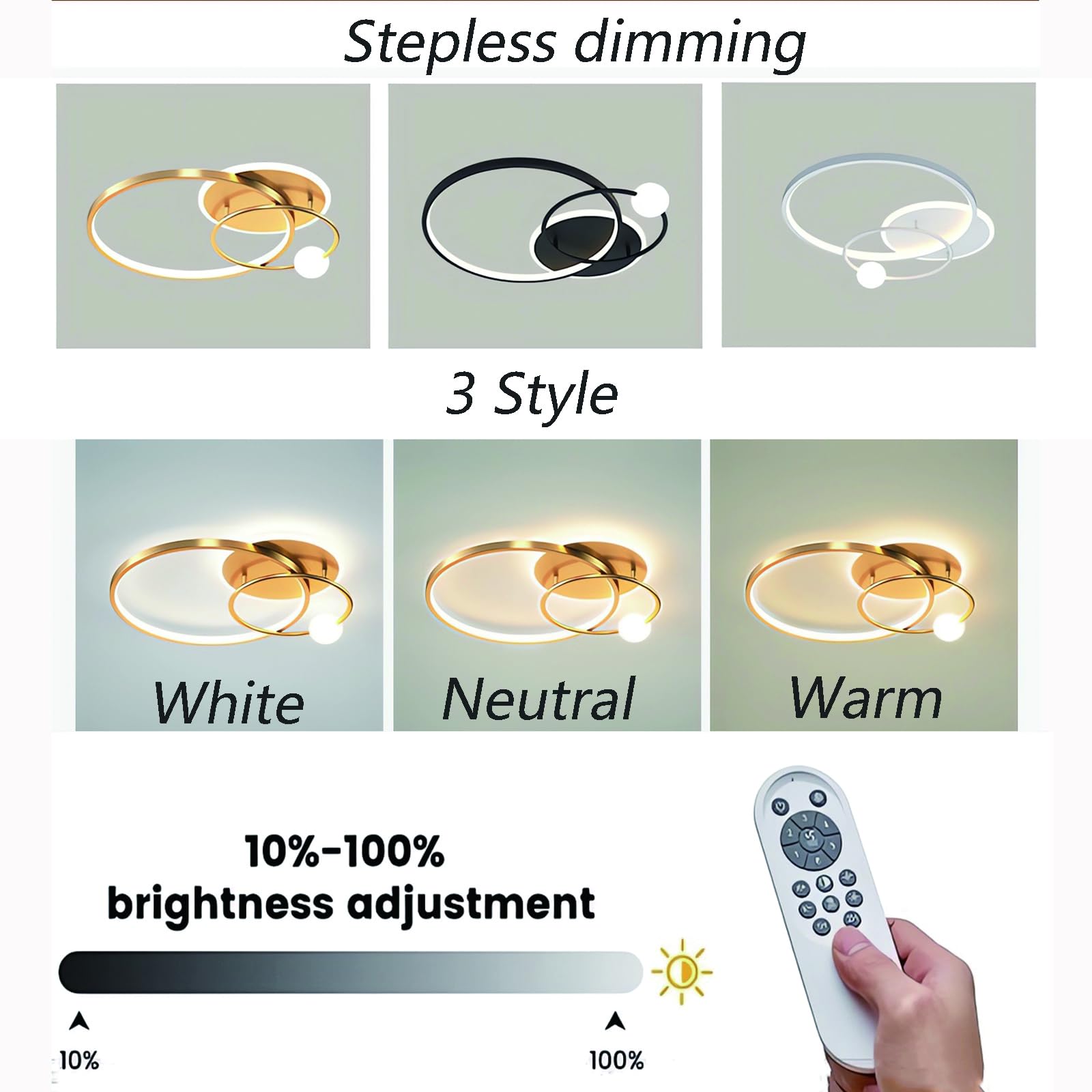 Nowoczesne lampy sufitowe LED Ściemnialna lampa sufitowa LED z pilotem, pierścieniowe oświetlenie sufitowe Biuro Sypialnia Kuchnia Pokój dzienny Sypialnia Światło sufitowe (Czarny, 52CM)