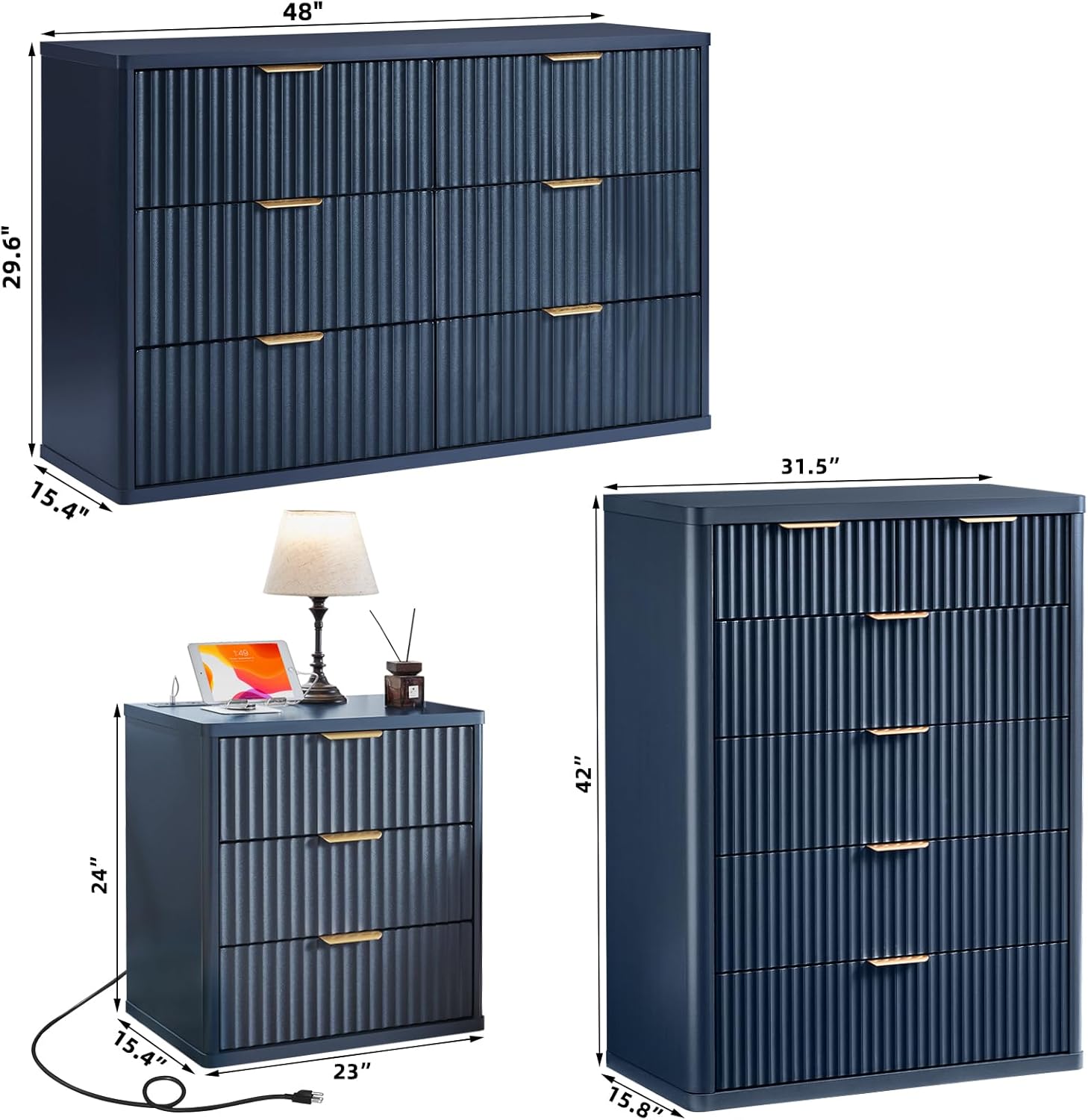 LEYAOYAO Fluted Dressers & Nightstand Set of 4, Wood 48" Wide Dresser & 42" Tall Chest of Drawers,Modern Bedroom Furniture Sets,Navy Blue Wooden Nightstand Set of 2 with 3 Drawers & Charging Station