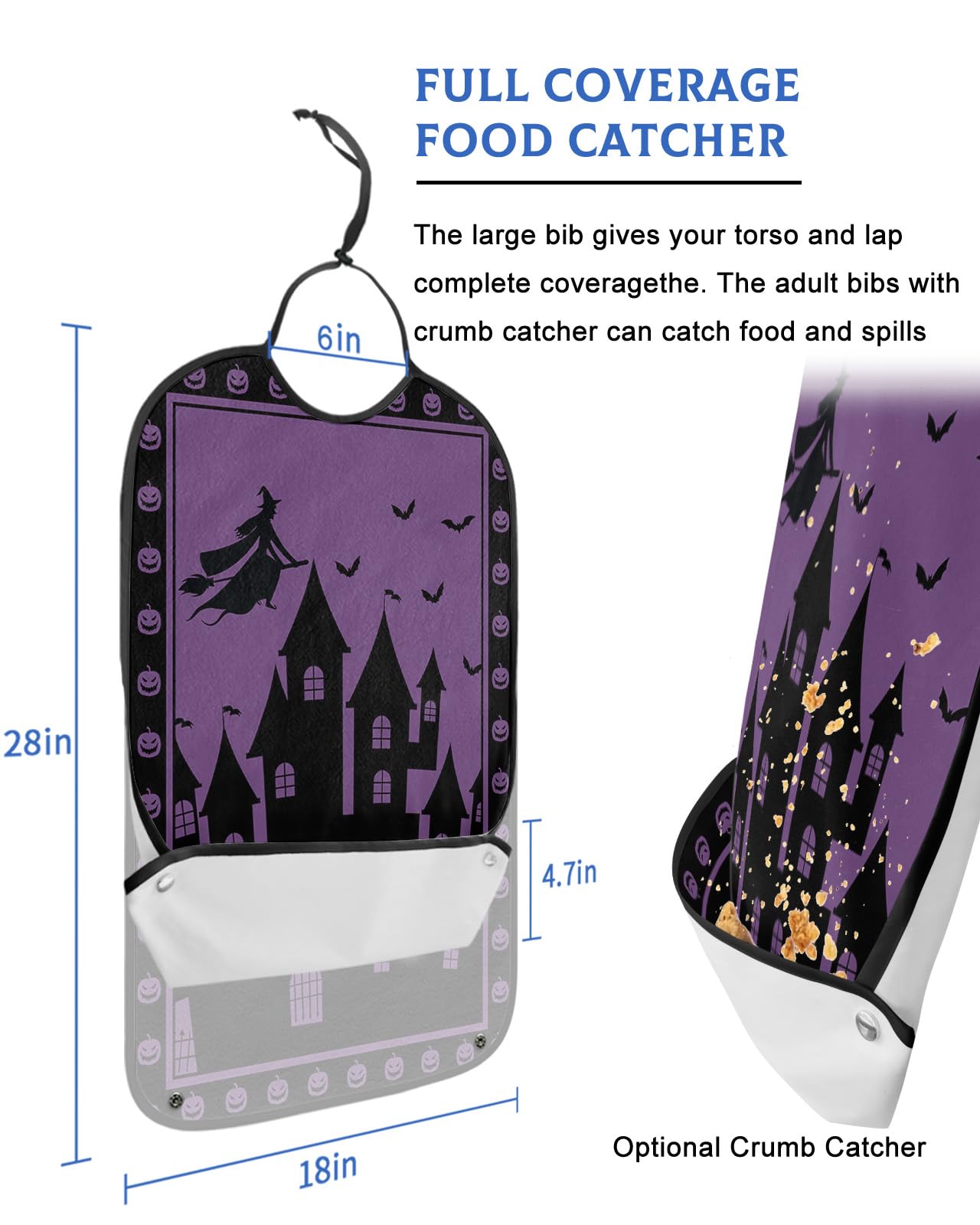 Halloween Adult Bibs for Eating, Waterproof Bibs with Food Catcher & Adjustable Snap Closure, Castle Witch Black Silhouette Pumpkin Purple Washable Clothing Protectors Adult Bibs for Elderly Women/Men