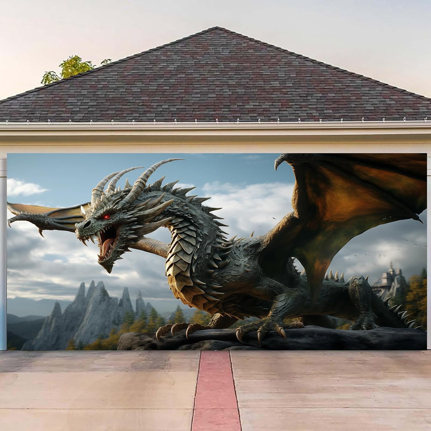 Dragon Garage Door Decorations Banner, 16 x 7 ft Dragon Pattern Decorations, Large Garage Door Cover Backdrop Decor Spring Large Banner Indoor Outdoor for Everyday Party or Festival