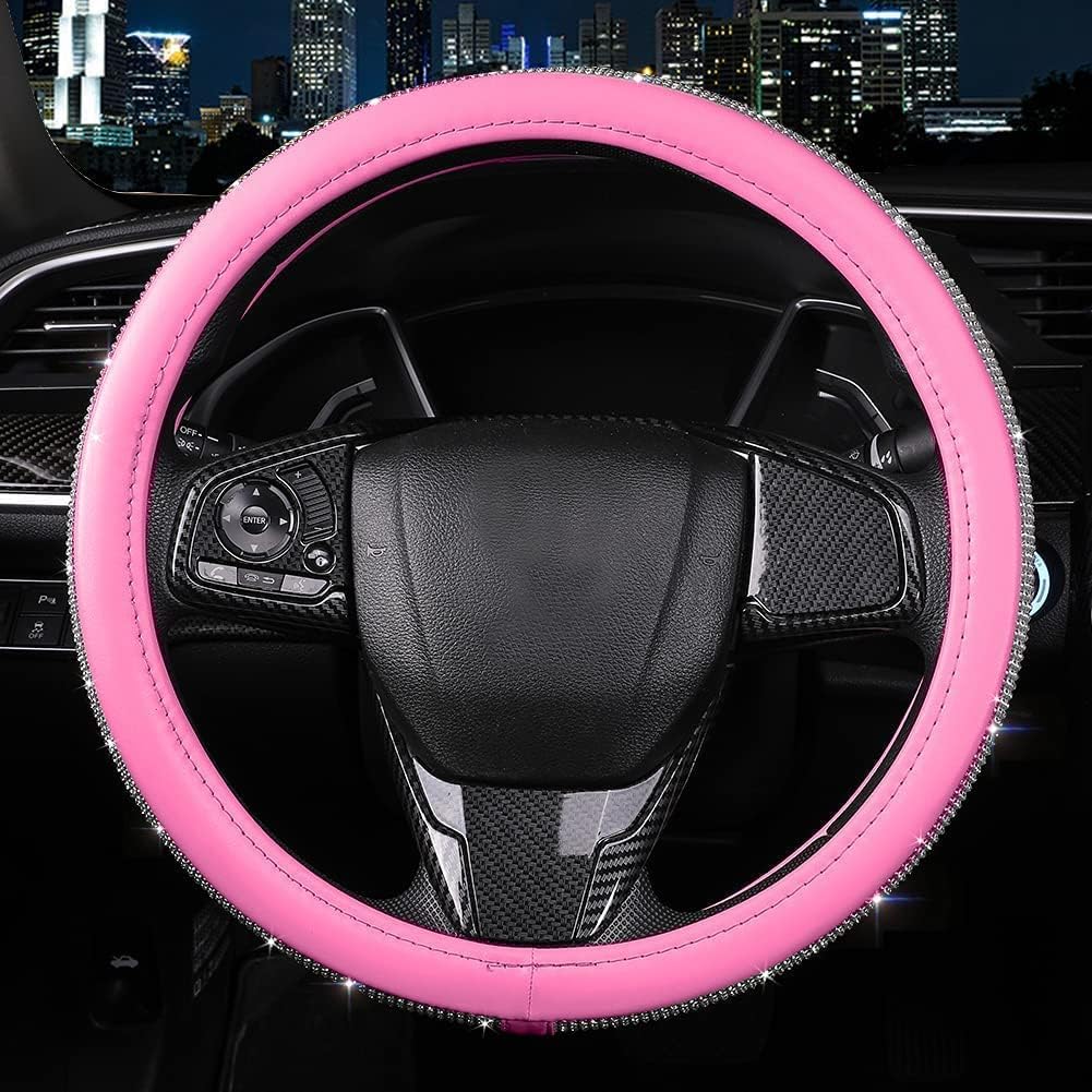 Bling Diamond Leather Steering Wheel Cover for Women Girls with Crystal Rhinestones, Universal Fit 14.5-15 Inch Car Steering Wheel Cover Accessories