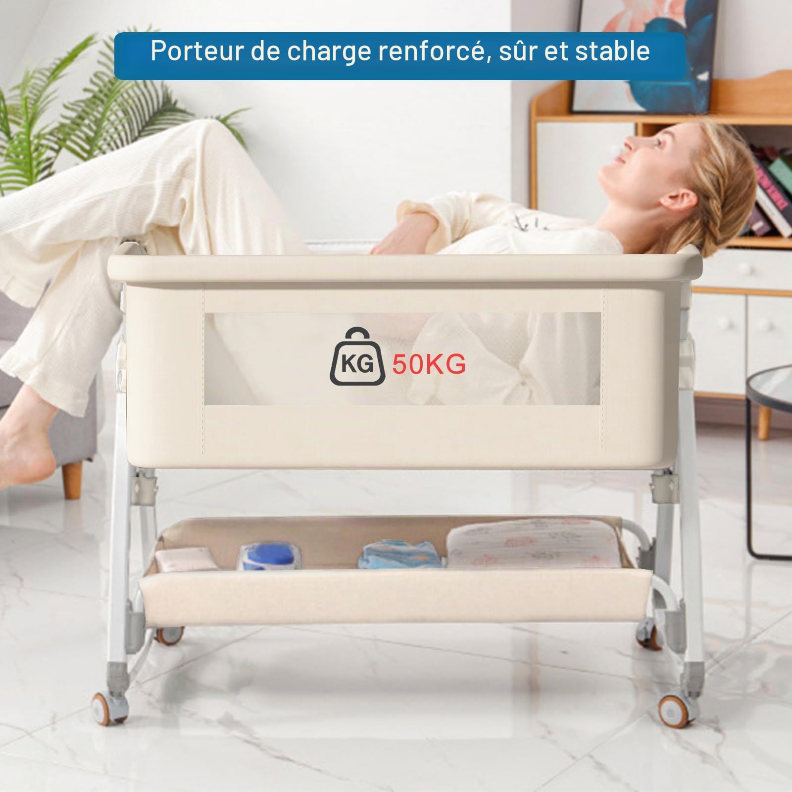 Next to Me Berceau de chevet 4 en 1 avec matelas, 6 hauteurs réglables, filet amovible, panier de rangement et table à langer, peut passer en berceau pour 0 à 3 ans (beige)