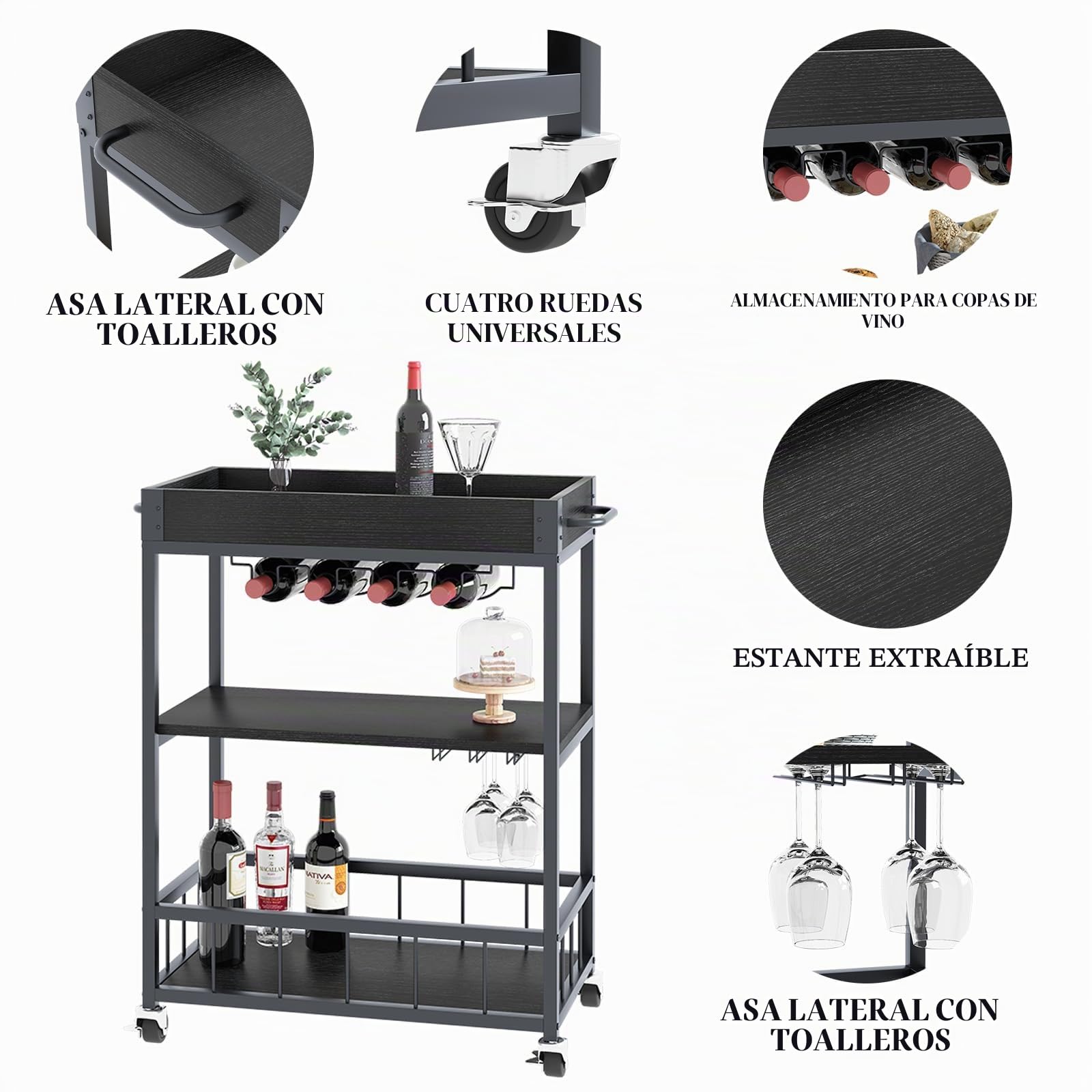 Huhote Carrito de Servir Multifuncional - Cocina, Bar Con Ruedas, Soporte para Botellas de Vino, 3 Niveles - para Salón, Comedor, Cocina, Bar, Fiesta - Negro