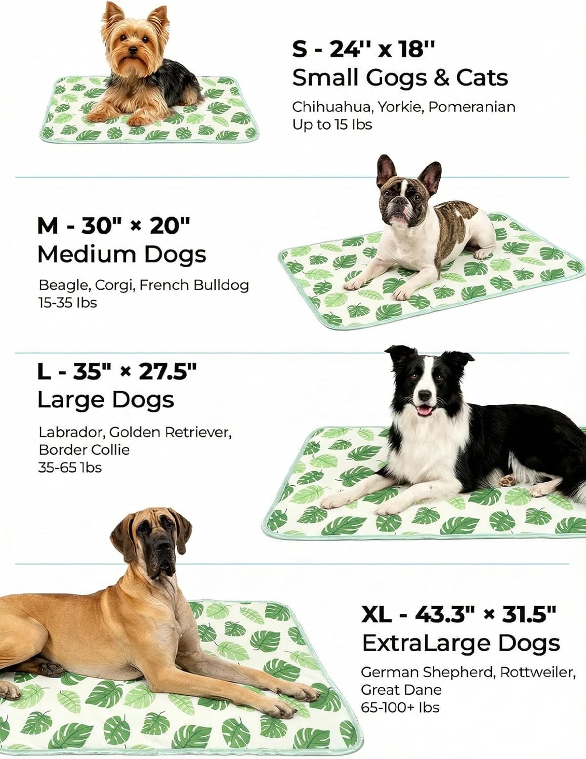 Dog Cooling Mat for Dogs & Cats, Soft Breathable Cooling Pad for Dog Bed, 48"x30" Self Cooling Crate Mat for Dogs, No Gel Washable Non-Slip Pet Cooling Mat Indoor Outdoor, Leaf