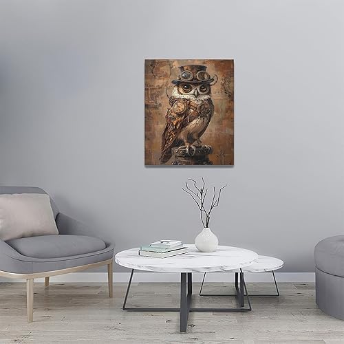 Miniatura 5 de Olivine Arte de pared Steampunk, cuadros de búho, decoración de pared retro, impresiones en lienzo de pájaros punk, pintura enmarcada para sala de