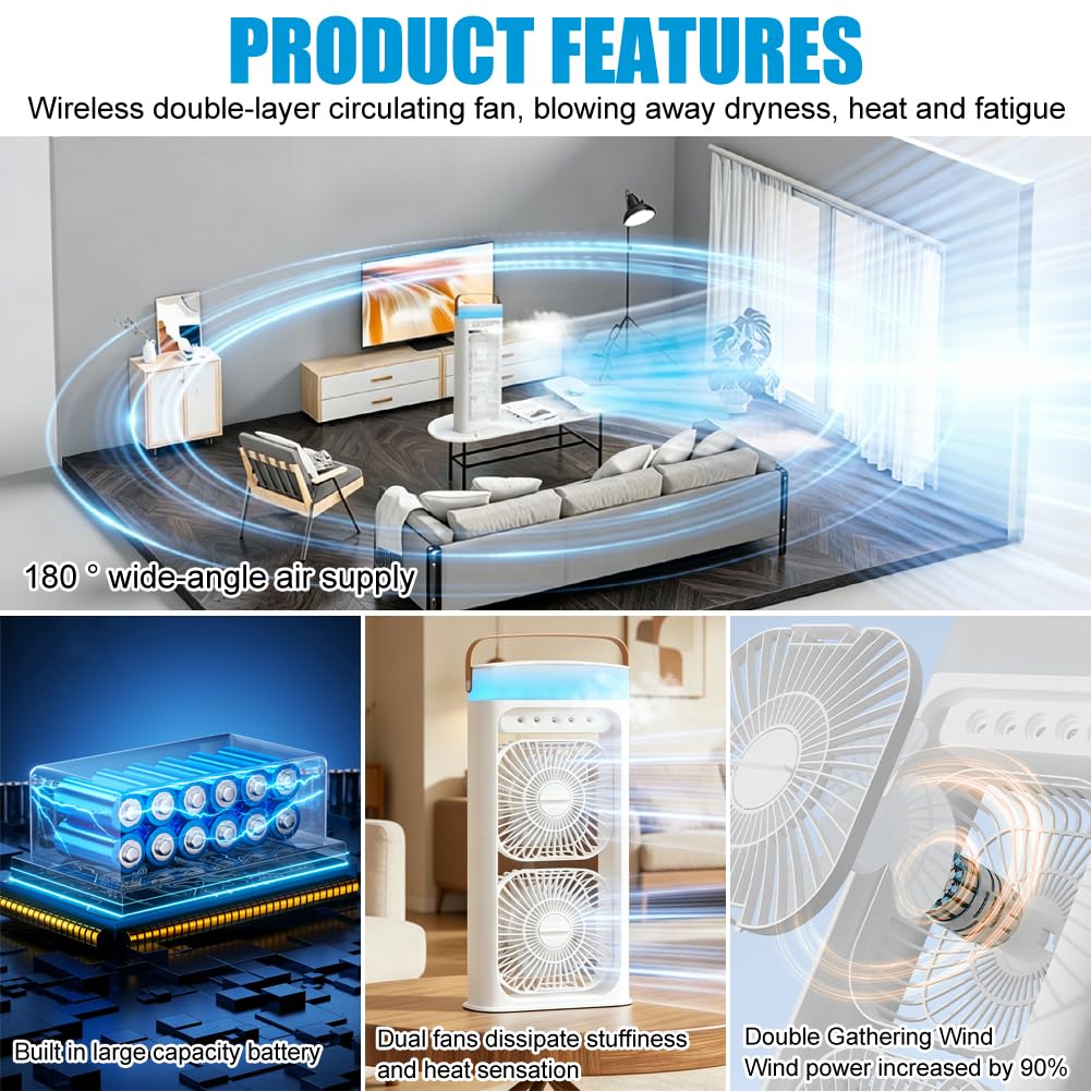 4 in 1 Tragbare Klimaanlage Fan Mit Nebelspray,Doppelventilator 3-Stufig Einstellbar Klimaanlage Mobil Mit 1-4Timer-Funktion,Farbwechselndes Nachtlicht,T-C-Aufladung Luftkühler für Zuhause,Büro