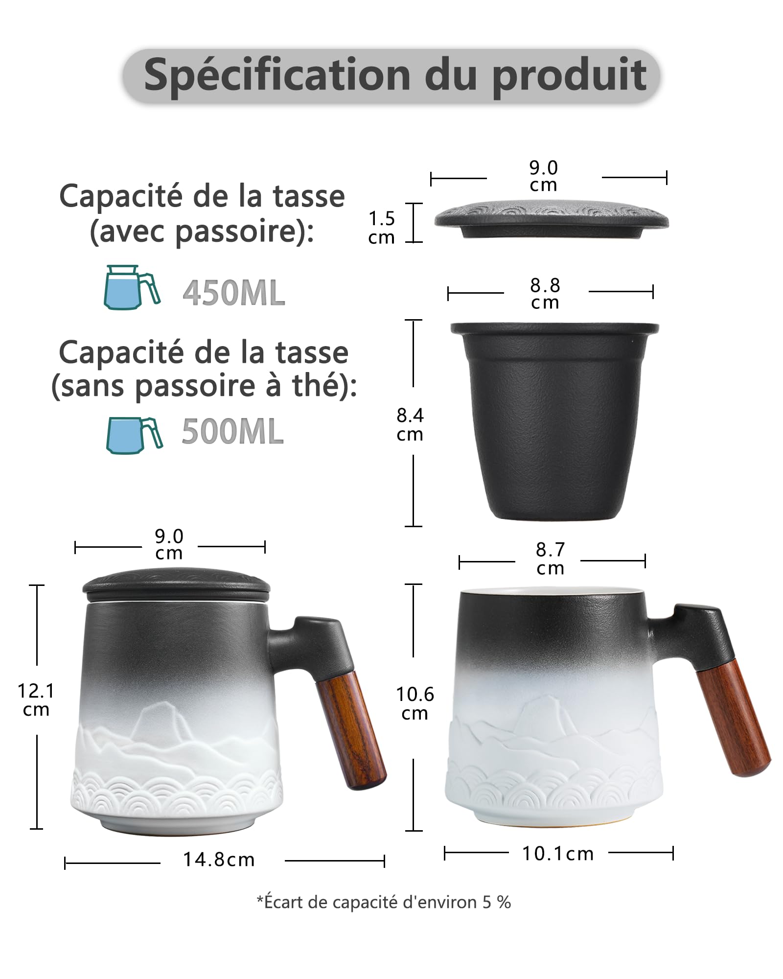 ZENS Taza de té con infusor y tapa, 500 ml - Taza de cerámica con relieve para té de hojas, mango de madera - Taza con filtro para amantes del té, blanco y negro