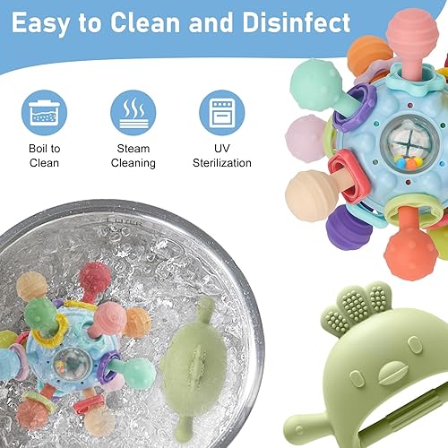 Miniatura 4 de Paquete de 2 juguetes de dentición para bebés de 0 a 6 a 12 meses, multifuncionales de silicona de grado alimenticio para bebés, juguetes