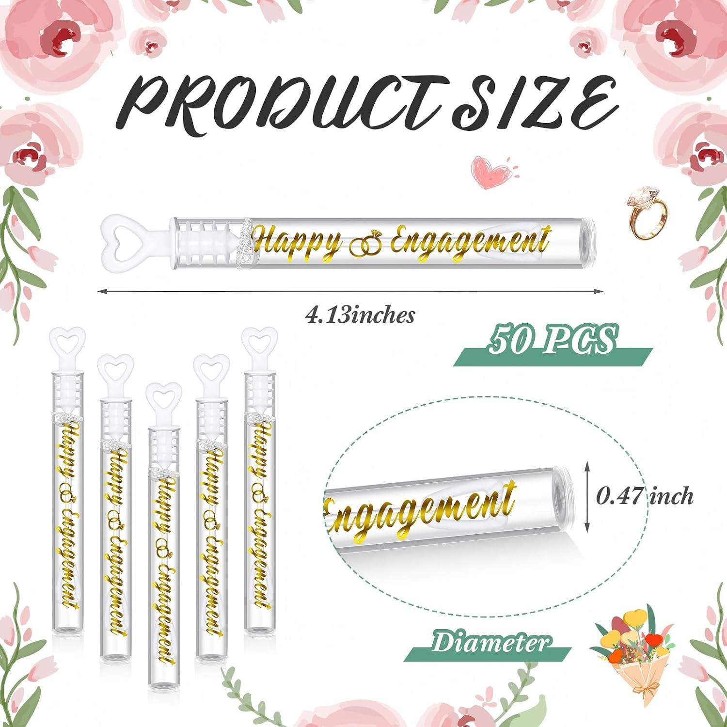 Foilswirl 50 Pack Happy Engagement Bubble Wands Golden | Heart Wands for Engagement Party, Bride Celebration, Wedding Proposal Decor, Bridal Shower Favors, Golden Foil Text