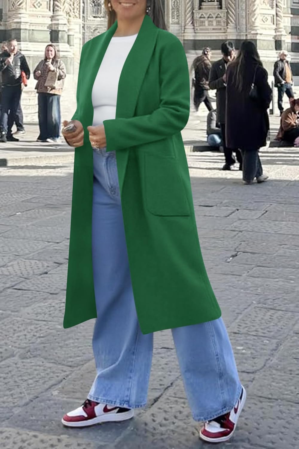 Cicy Bell Womens Open Front Pea Coats Classic Lapel Long Trench Coats Loose Fall Winter Outwear with Pockets - Image 6