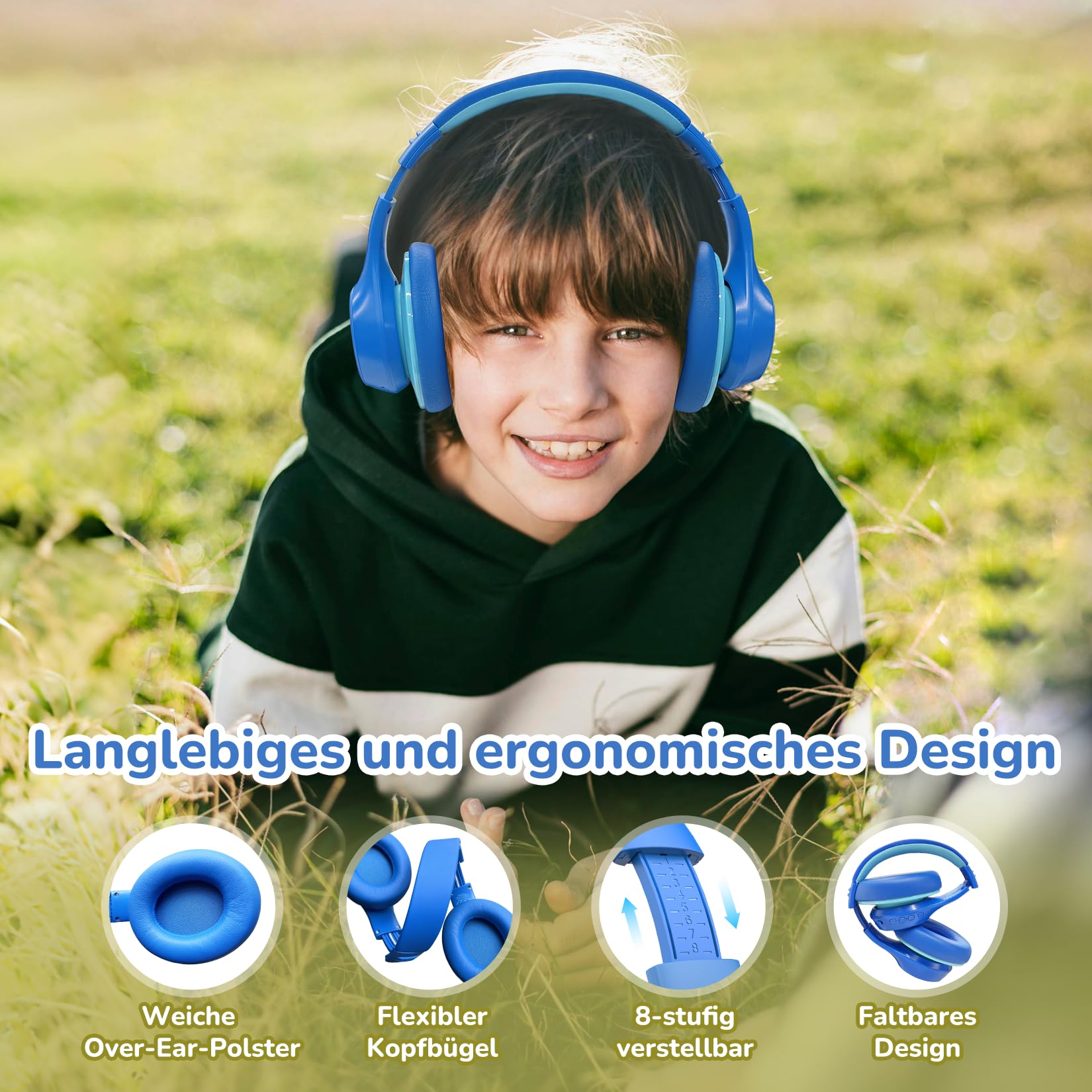EarFun Bluetooth Kinder Kopfhörer, Noise Cancelling Kopfhörer Kinder, 74/85/94 dBA Sichere Lautstärke, 120H Akku, HD MIC, Bluetooth 5.4, Weich, Faltbar, Over Ear Kopfhörer für Schule/Reisen/Flugzeug