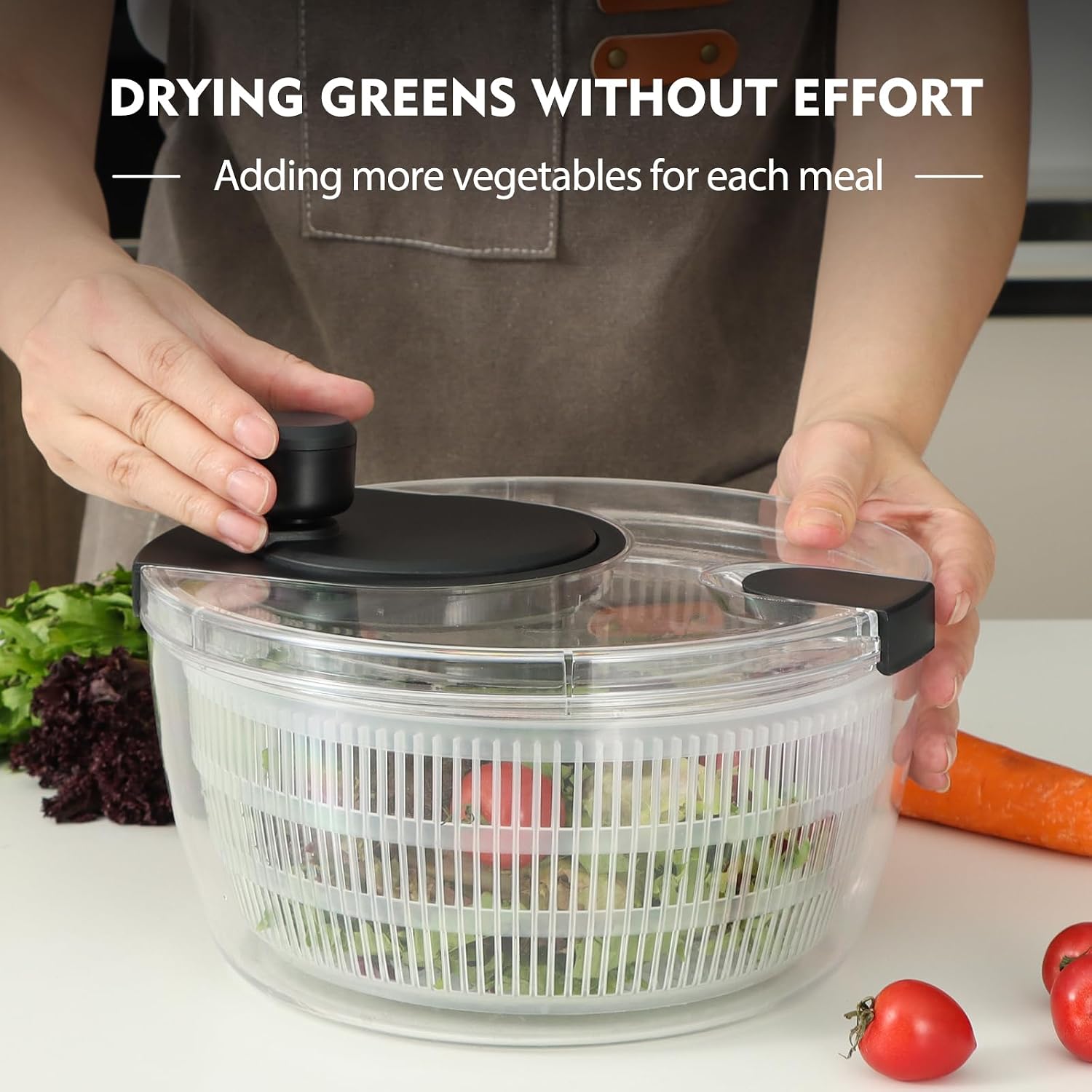 Ourokhome Salad Spinner Lettuce Dryer, Hand-crank Rotary Vegetable Dryer Veggie Washer with Transparent Bowl and Colander for Greens, Herb, Berry, Fruits, Macaroni, 3.5 QT, Black
