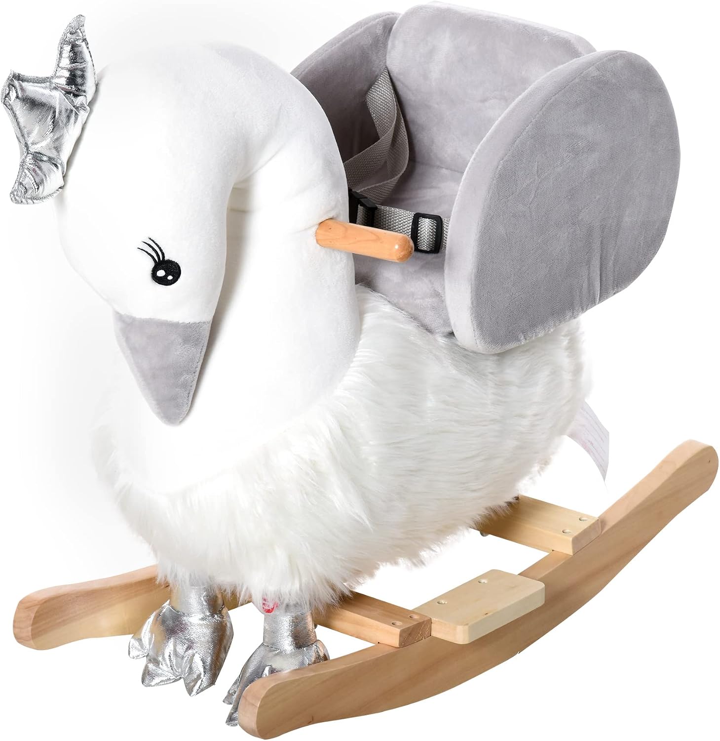 Rocking Horse, Kids Ride on Horse Swan Rocker with Sound, Plush Seat, Wooden Base, Safety Belt, for Toddlers 18-36 Months, White