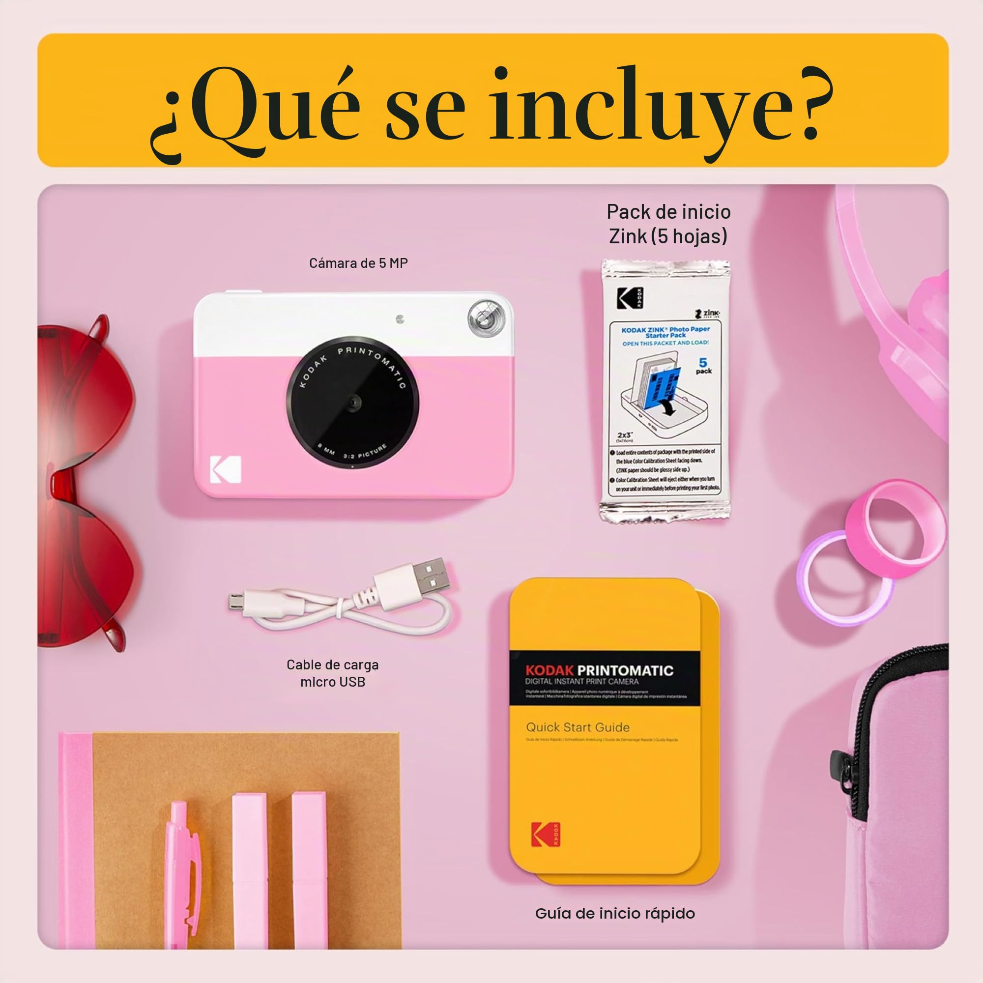 KODAK Printomatic cámara de impresión instantánea + Estuche Blando + Papel fotográfico Zink de 2 x 3 (Paquete de 20) + Álbum + Juegos de calcomanías + Marcos para calcomanías + Marcadores - Rosa