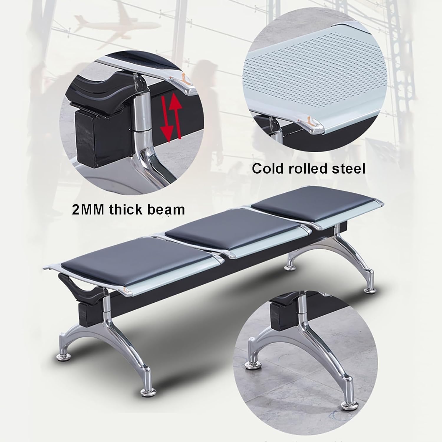 3-Seat Airport Waiting Room Bench, Cold Rolled Steel Frame with Soft Cushioned Seats, 63" Length Reception Chair for Hospital, Bank, Salon, Office, Lobby (Blue)