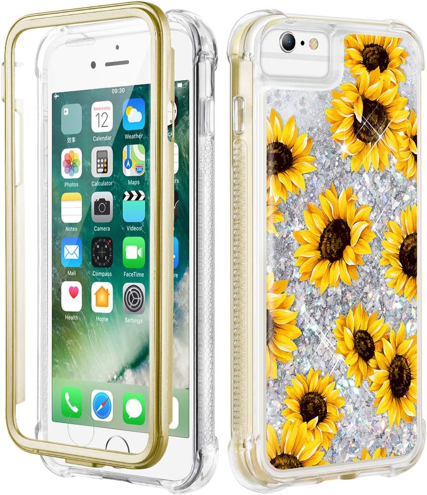 Caka iPhone 7 Glitter Case, iPhone 8 Sunflower Full Body Case with Screen Protector for Women Girls Girly Floral Flower Design Bling Sparkle Liquid Protective Case for iPhone 7 8 6 6s (Sunflower)