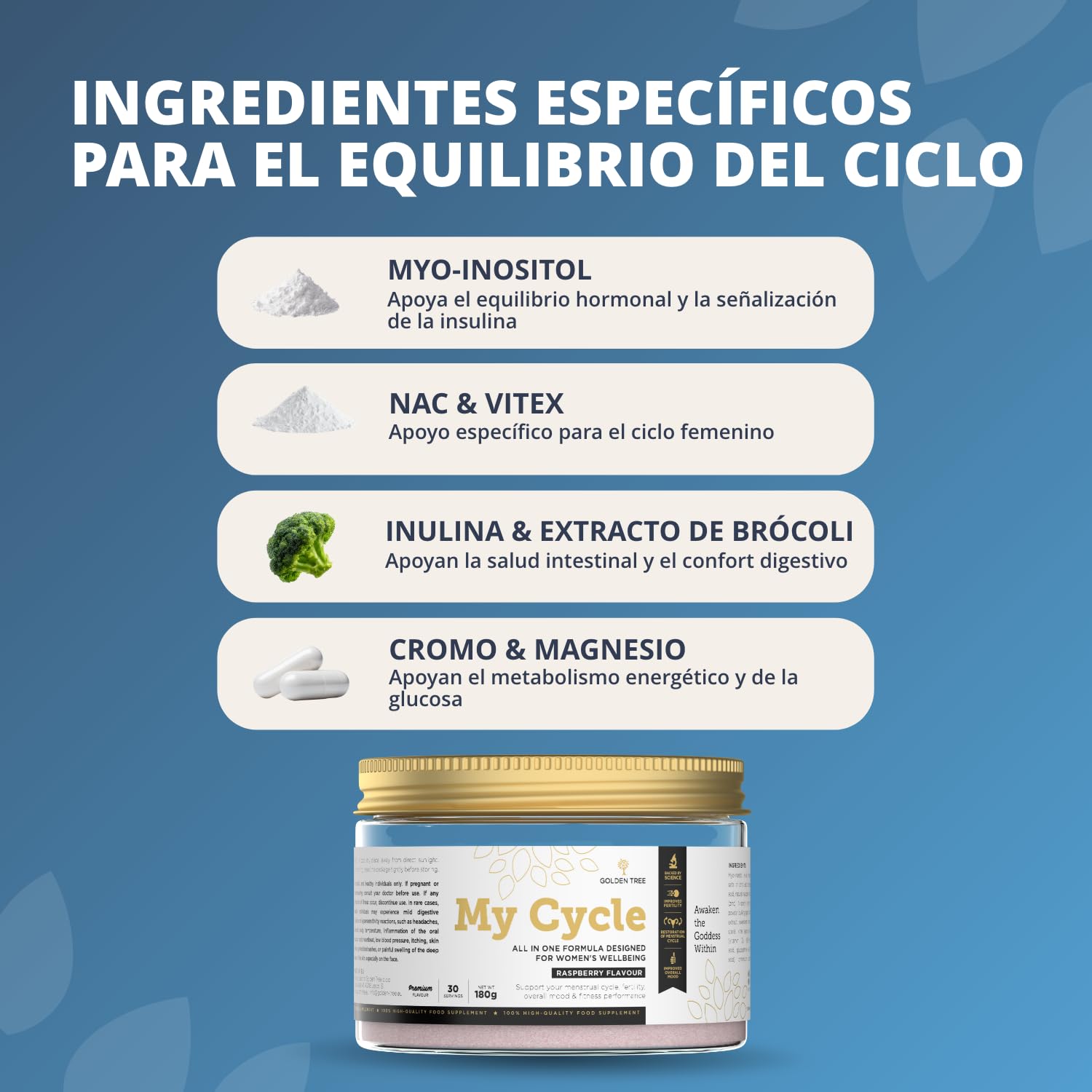 Golden Tree My Cycle en Polvo, 30 Porciones | Mio-Inositol 3000 mg, D-Quiró-Inositol, NAC, Vitex, Magnesio, Zinc, Folato, Cromo y Vitamina D