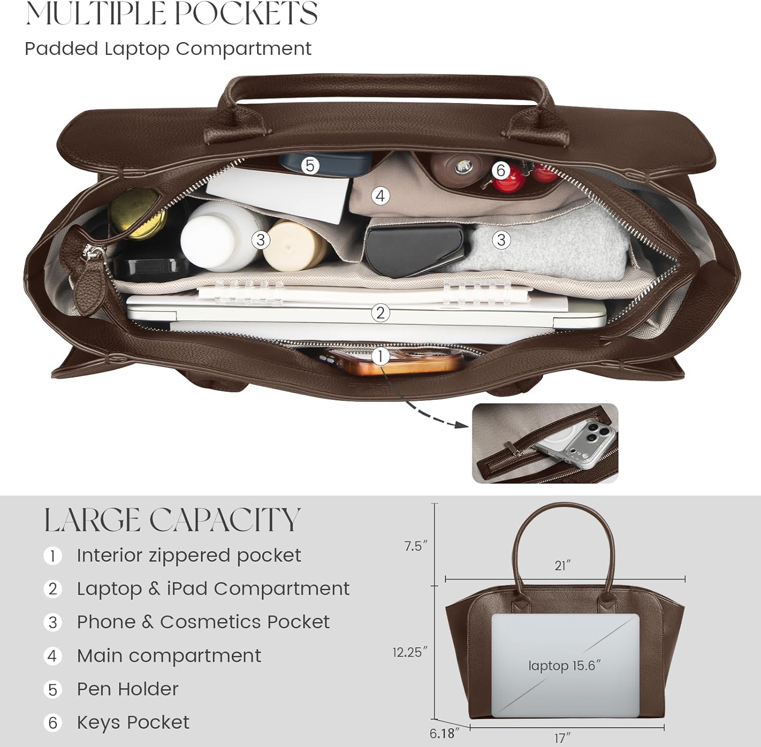 Bag Purse For Women Work Leather Shoulder Satchel Large Multiple Pockets Zippers For Gifts