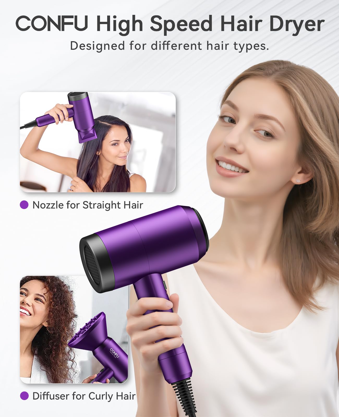 Secador de pelo con difusor, secador iónico de 1600 W, portátil, ligero, secado rápido, secador de pelo de iones negativos, 3 ajustes de calor con difusor y boquilla concentradora para el 4