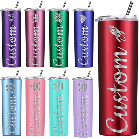 Personalized Tumbler - Laser Engraved with Name,20oz Custom Stainless Steel Cups Personalized Skinny Tumblers with Lids and Straws for Women Men Gifts - 13 Colors & 42 Icons