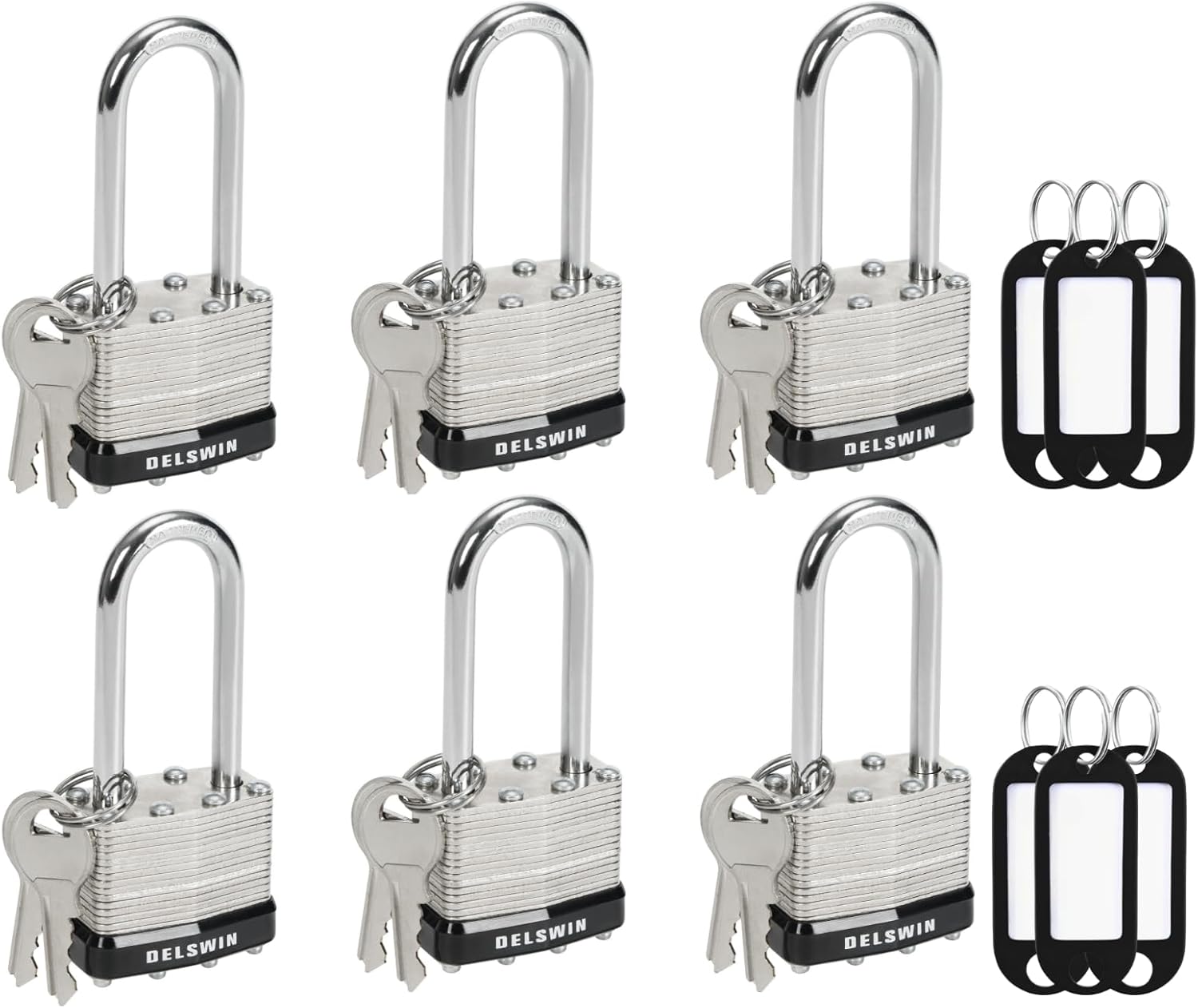DELSWIN Weatherproof Padlock with Key (Keyed Alike) - Heavy Duty Laminated Steel Locker Locks with 12 Keys, 6 Tags, 1-9/16" Wide Body, 2" Long Shackle, Padlocks for Outdoor, Gate, Fence, Shed (6 Pack)