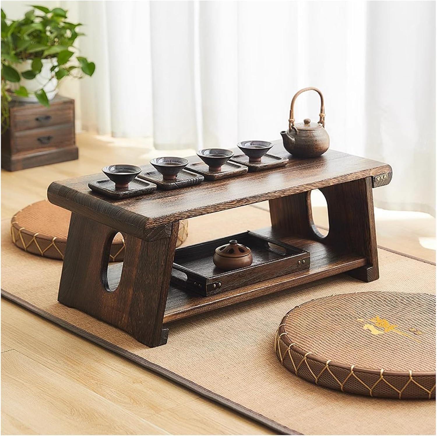 60cm Long Japanese Meditation Tea/Coffee Table for Living Room, Balcony, Bedroom, Mid-Century Modern Solid Wood Low Height Floor Coffee Table. (60 x 35 x 22cm)-picture-19